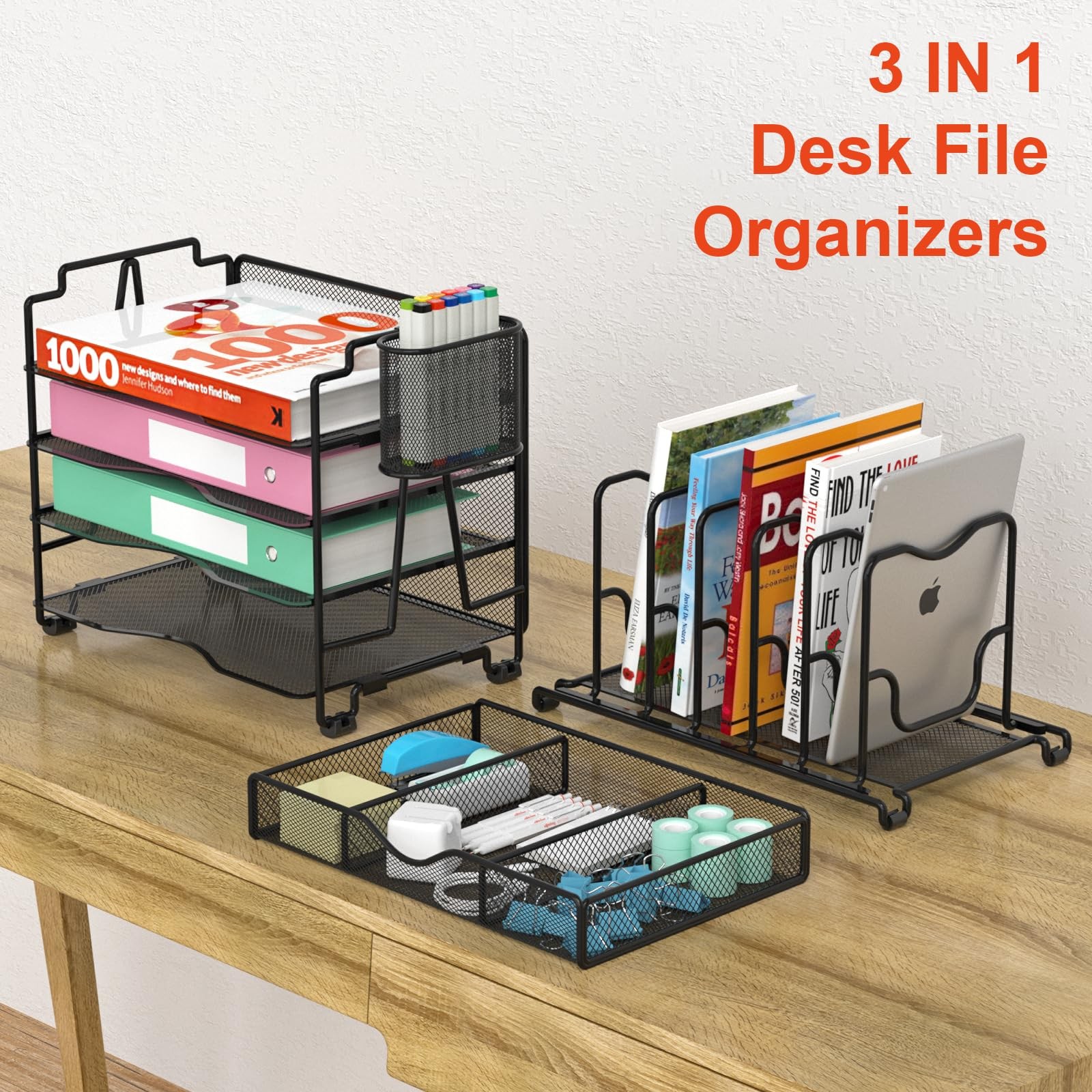 Mesh Desk Organizer 3-IN-1 Desktop with 4 Tier Tray and 5 Upright Sections File