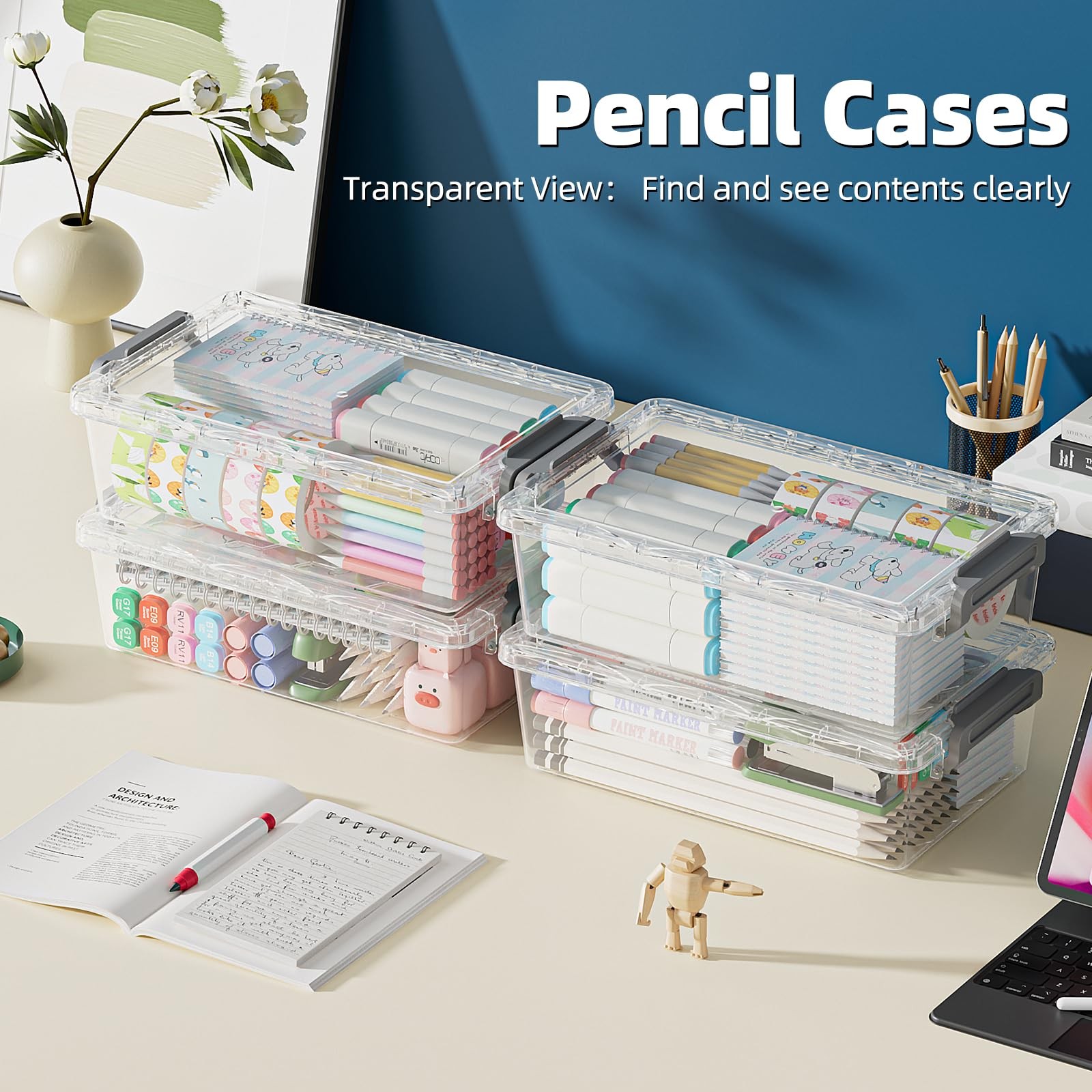 4 Pack Extra Large Pencil Box, Plastic Pencil Case Organizer, Clear Crayon Bo…