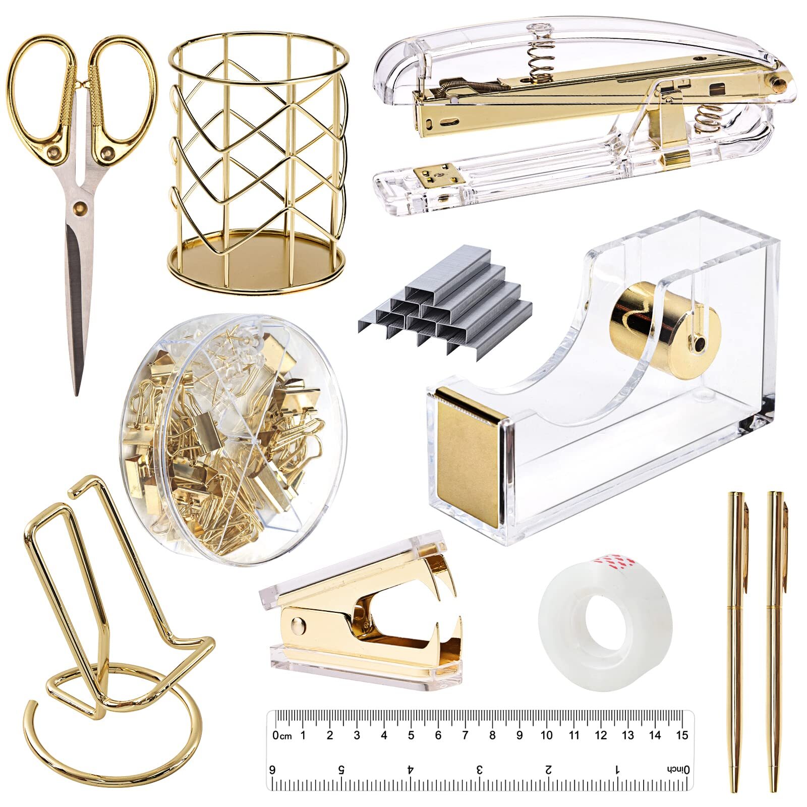EOOUT Gold Office Supplies Set Desk Accessories Acrylic Stapler Set Staple Re…