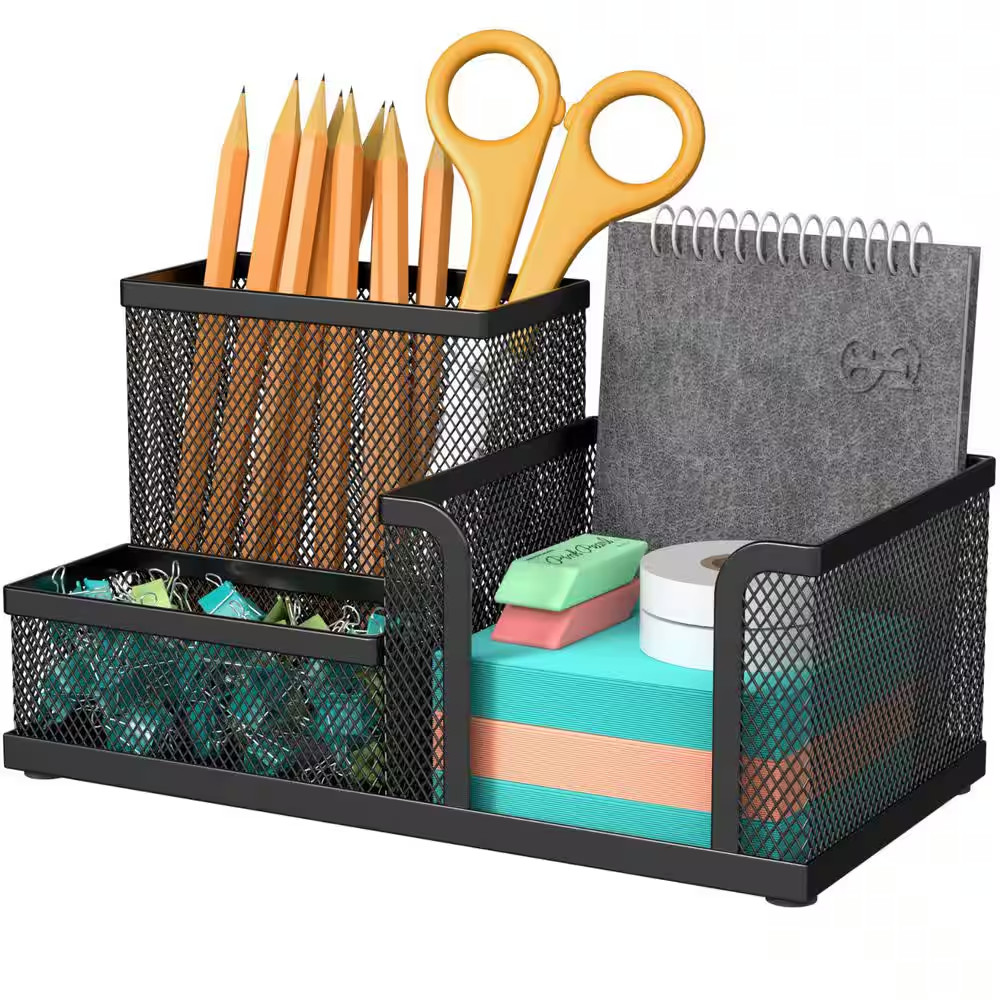 Black Metal Mesh Desk Organizer 3-Compartment Pen Pencil Holder Non-Slip Base Of