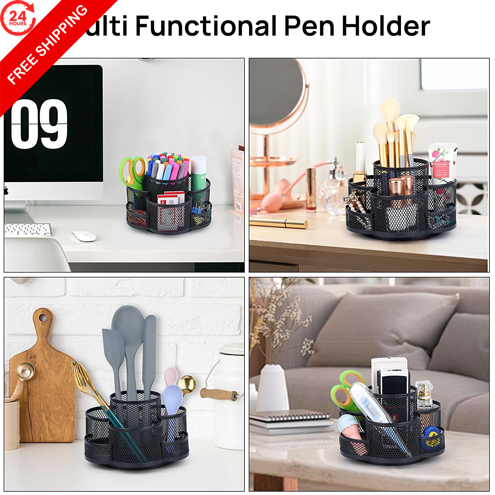 Topwey Pen Holder for Desk, 360 Rotating Pencil Holder, Cup Black
