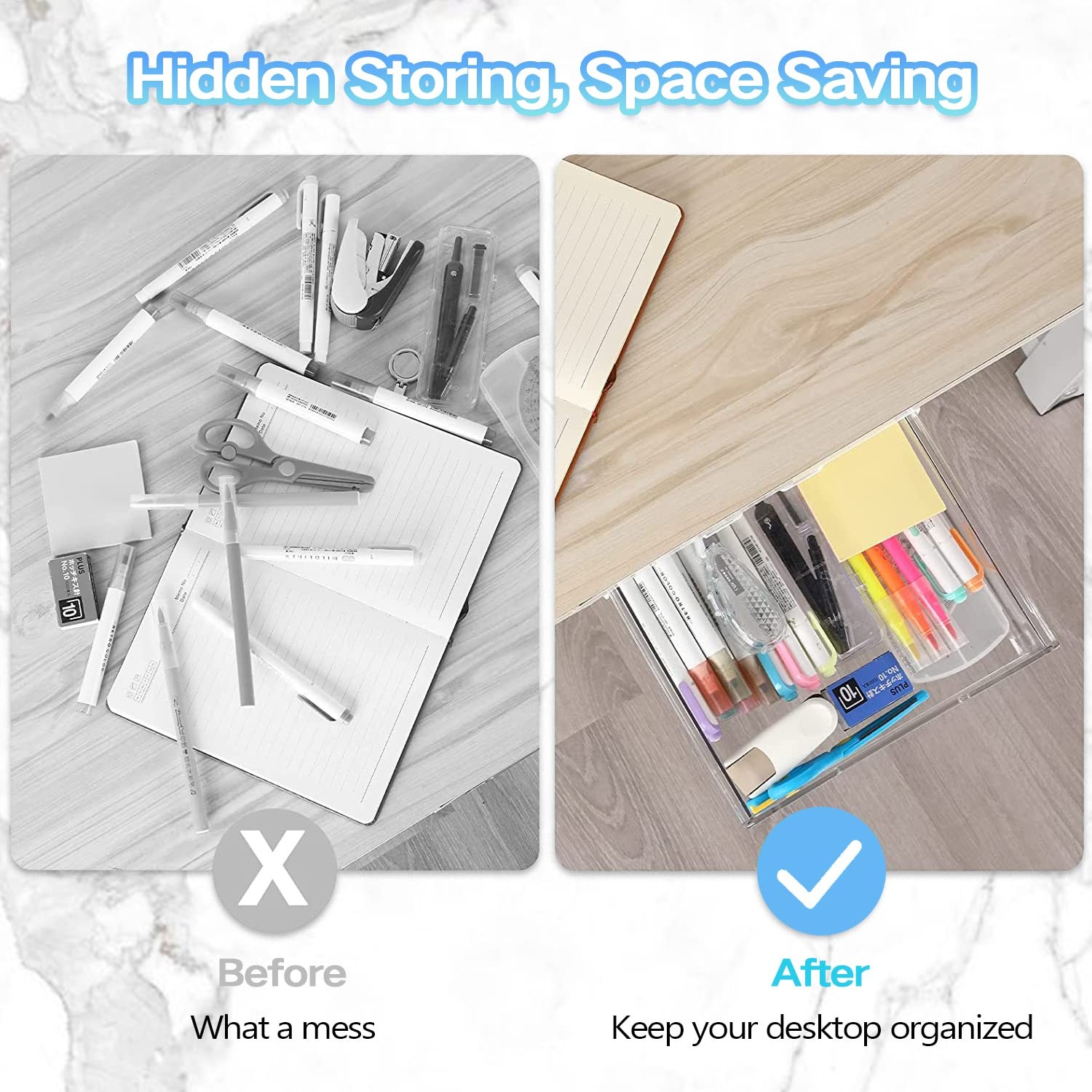 2 PCS White SelfAdhesive Under Desk Drawer Large Slide Out Hidden Tray