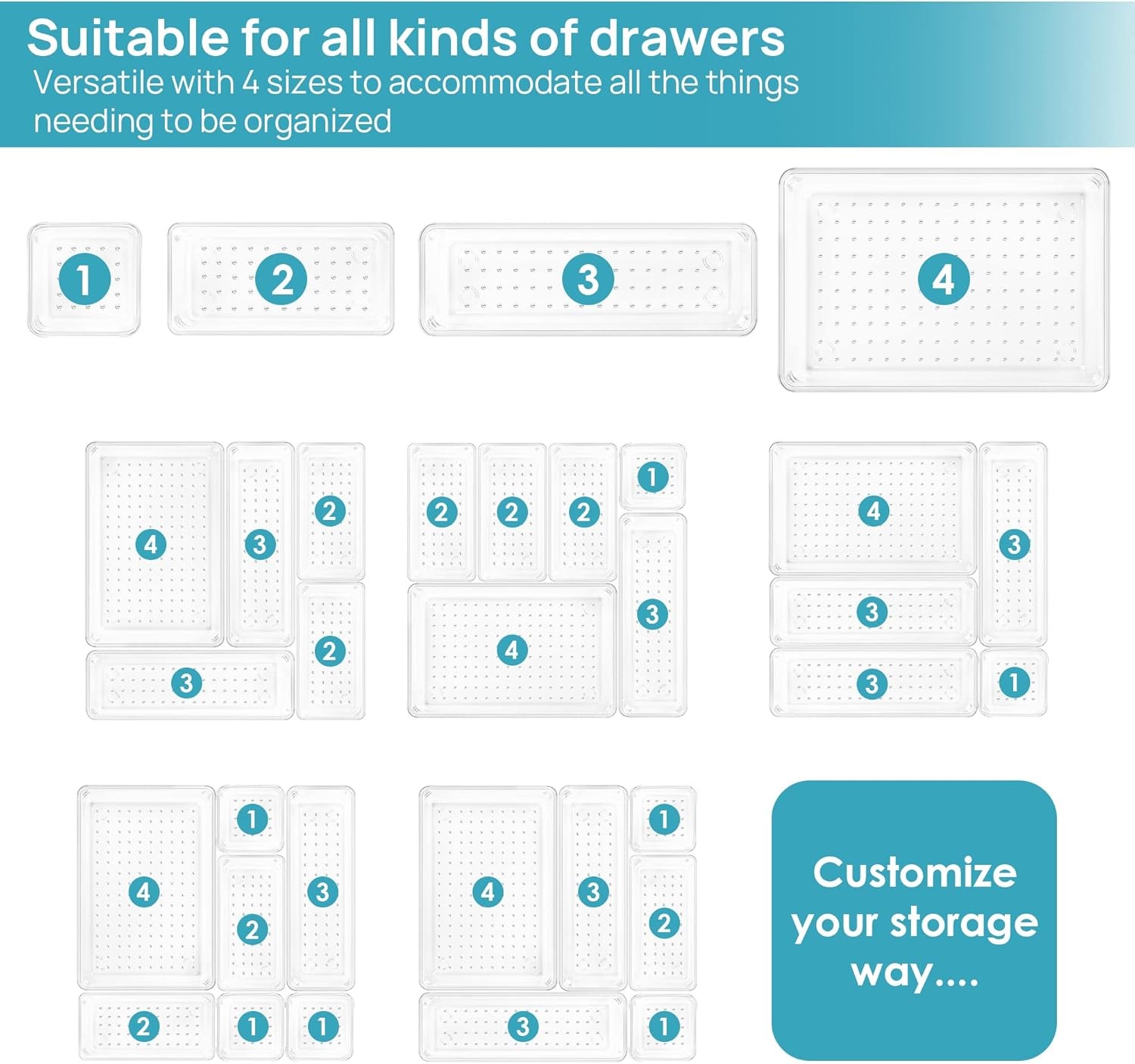 Vtopmart 25 PCS Clear Plastic Drawer Organizers Set, 4-Size Versatile Bathroom a