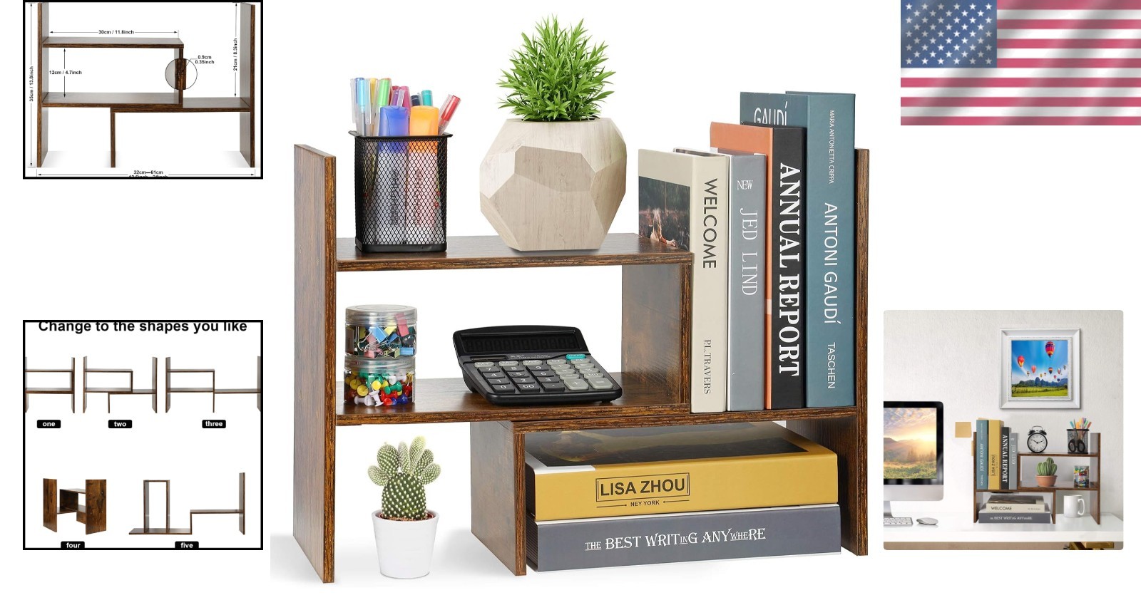 Expandable Wood Desktop Bookshelf – Minimalist Adjustable Organizer for Offices