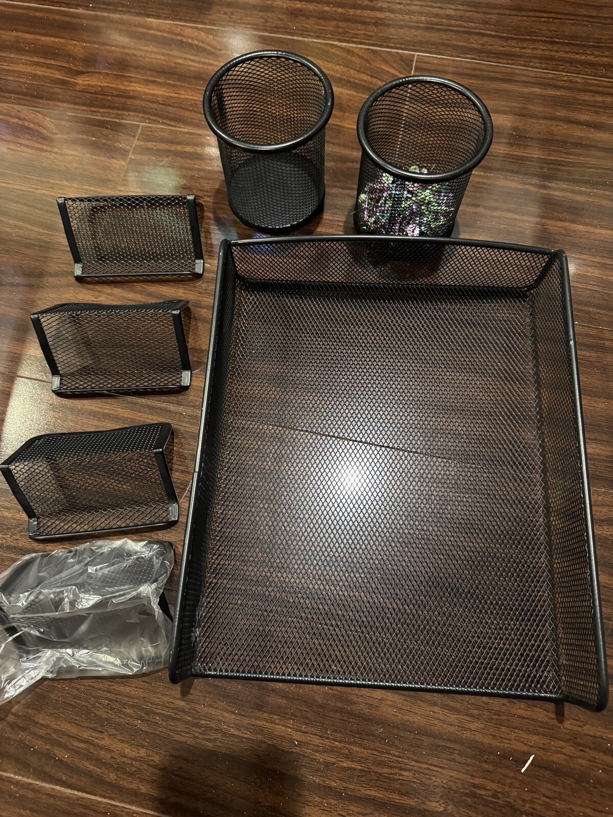 7 Pc Set Eldon Black Metal Mesh Desk Organizer Pen Holder Busines Card & Basket