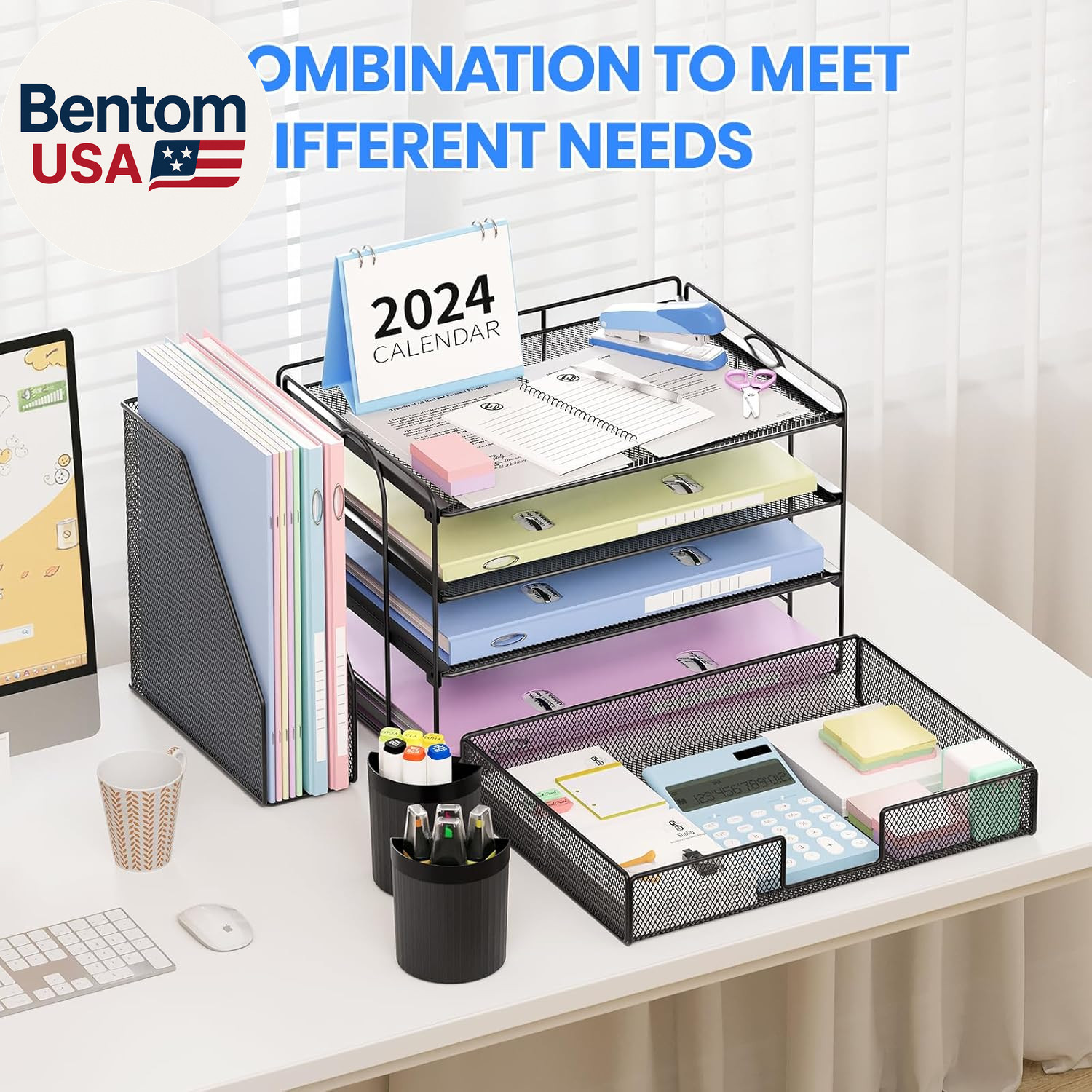 Desk Organizer, 4-Tier Desktop File Organizer with Drawer and 2 Pen Holders, Off