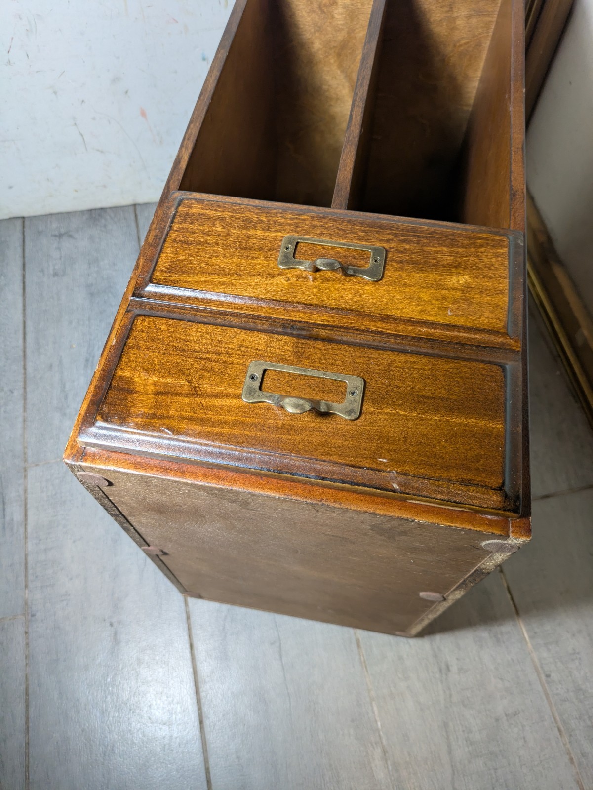 Vintage Wood Desktop Library Organizer Index Card Letter File Box Cabinet Drawer