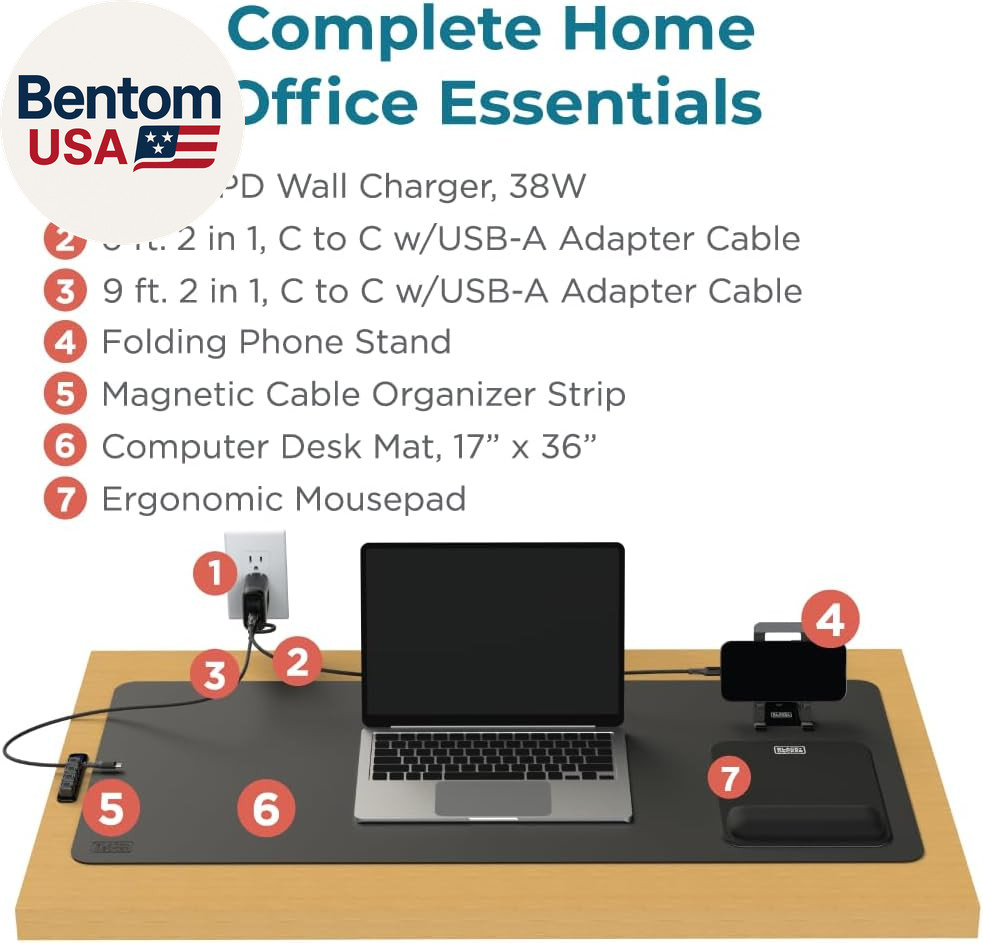 BLACK+DECKER Home Office Kit, 7 PCS Set, Desk Pad, 2-Port PD Charger, Ergonomic