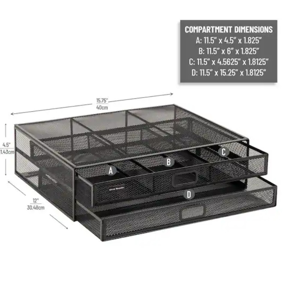 Mind Reader 2 Drawer 2 Tier Mesh Monitor Stand Black 15.75″L x 12″W x 4.5″H