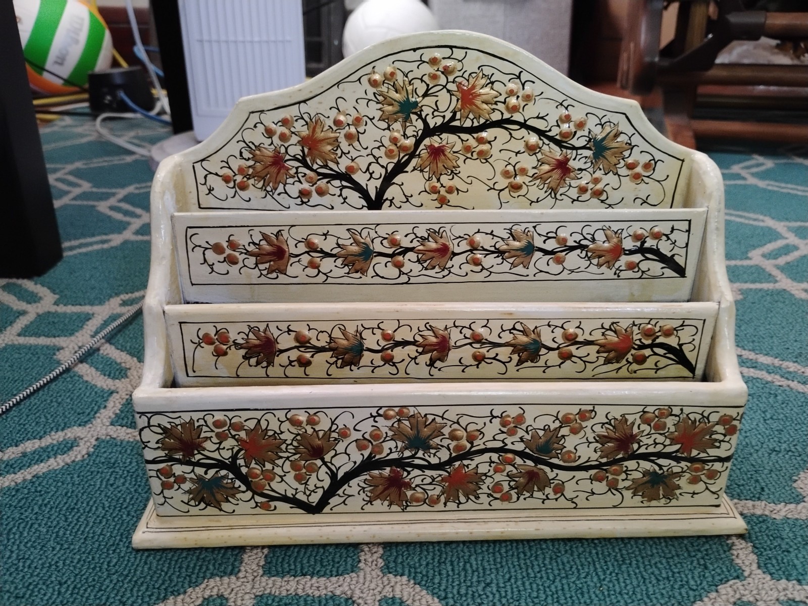 Vintage Wooden Letter and Document Organizer – Hand-Painted Floral Design