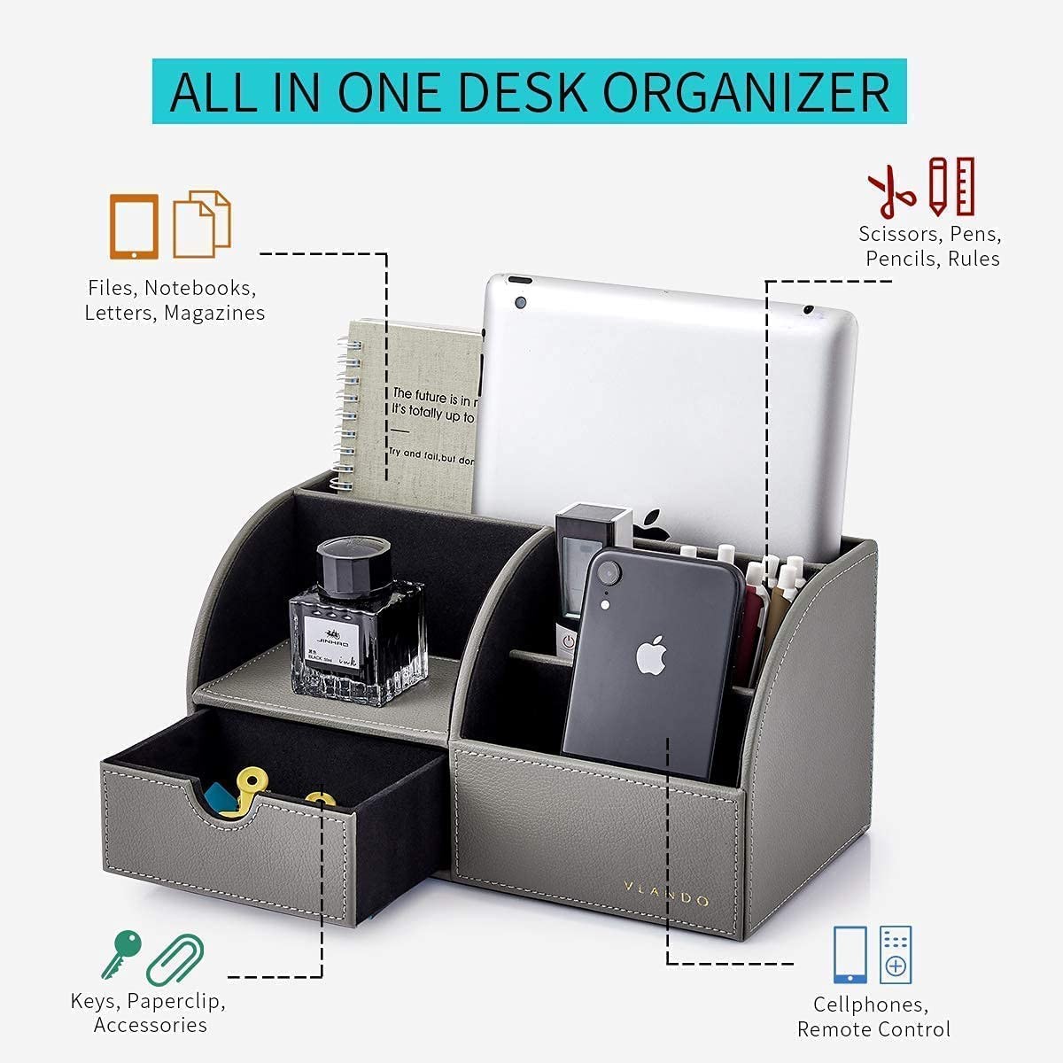 Office Desk Organizer Leather Desktop Organizer Caddy with Drawer for Storing…