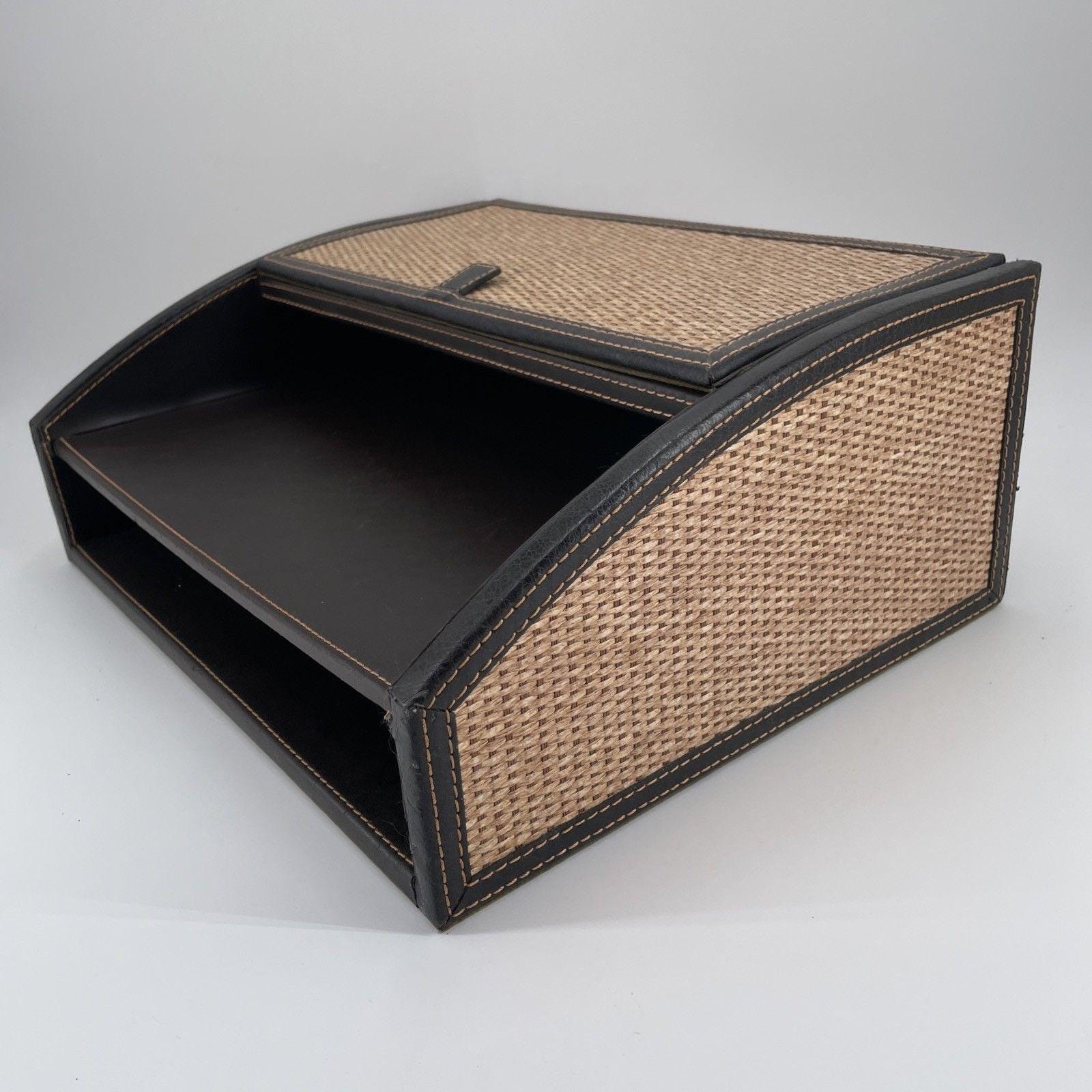 Vintage S.K. Leather Rattan 3 Tiered Desk Organizer Executive Sorter Mid Century