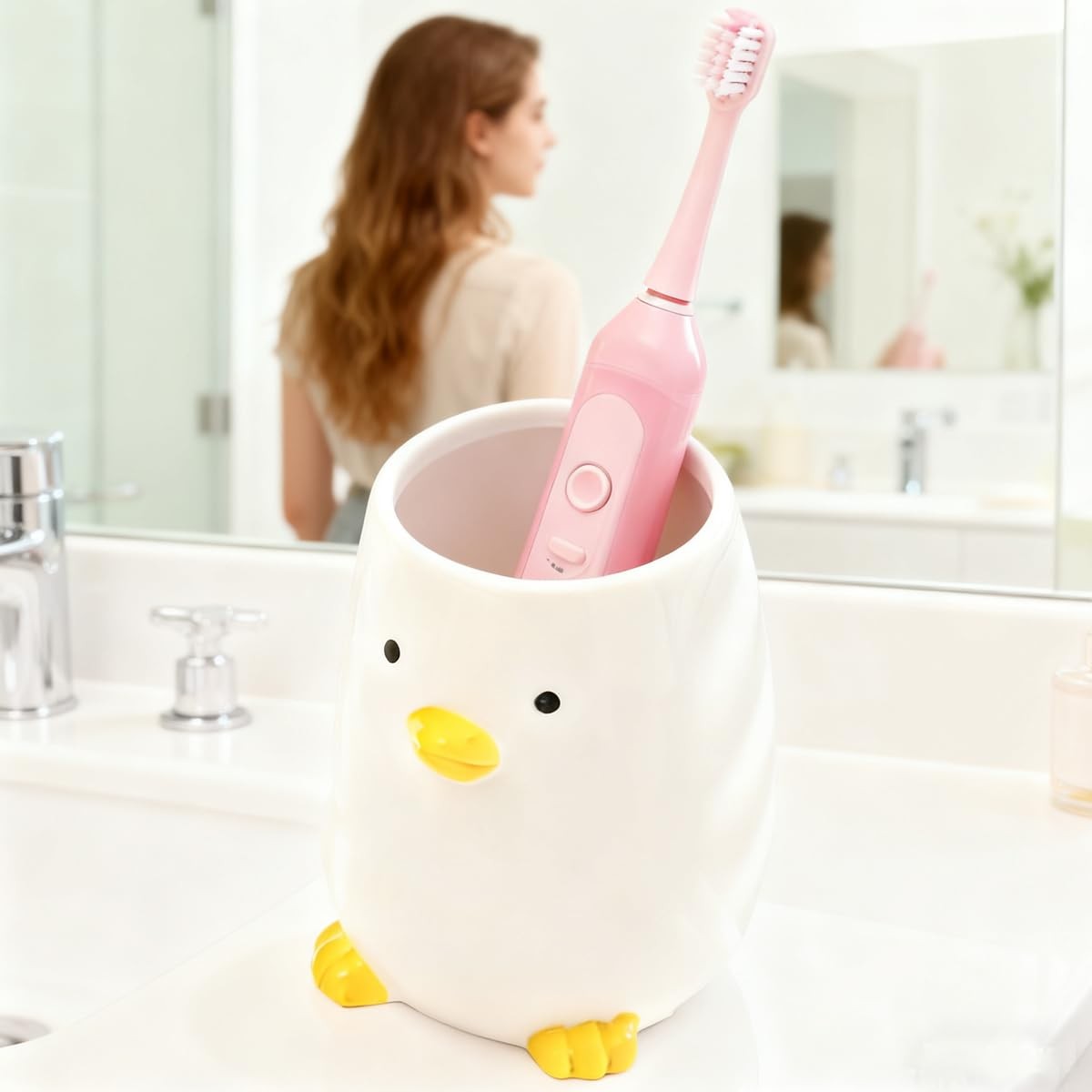 Ceramic Duck Toothbrush Cup for Kid Pencil Holder for Desk Cute Duck Makeup B…