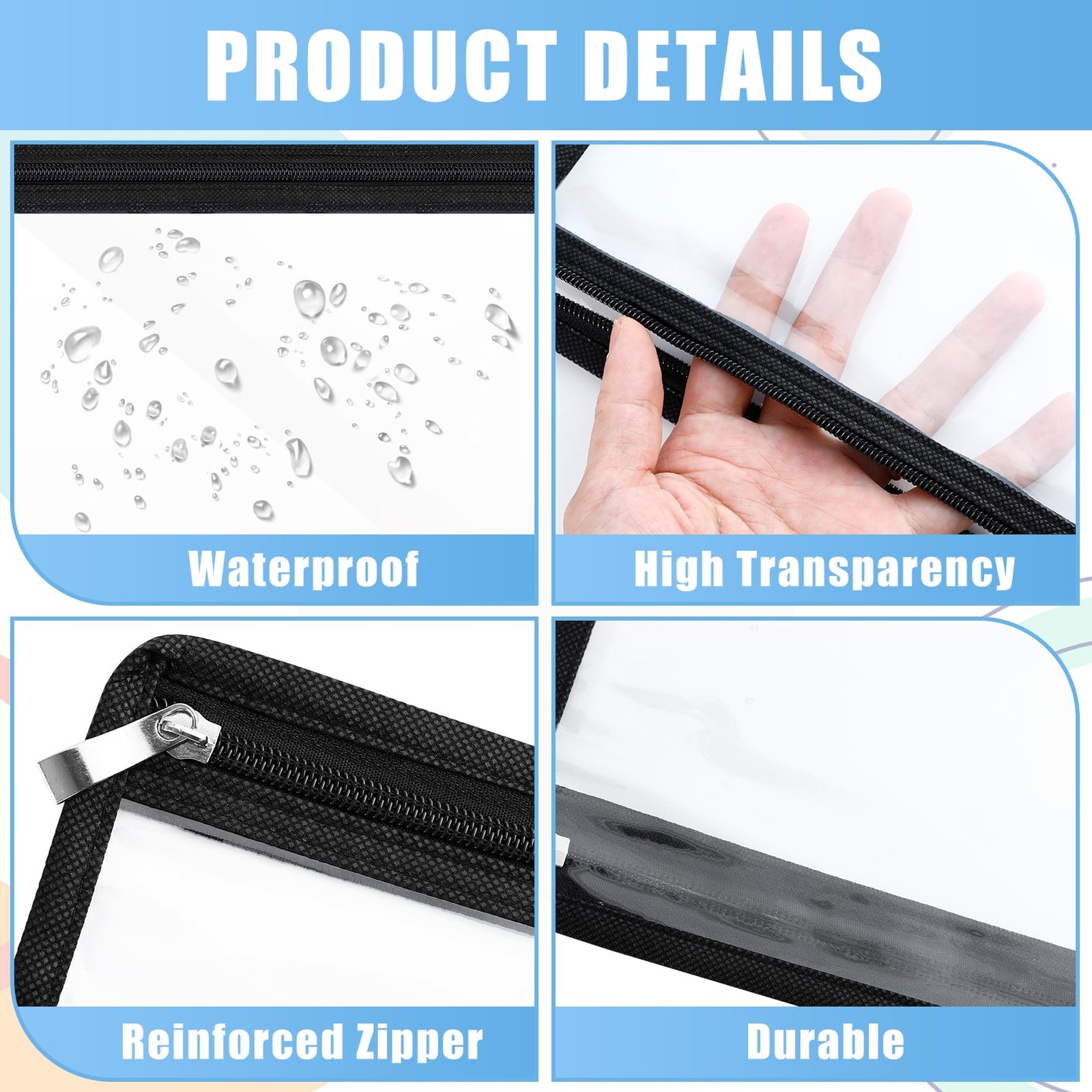 Clear PVC Zipper Pouches Waterproof Makeup Pencil Document File 7×11.4 In 8 PCS
