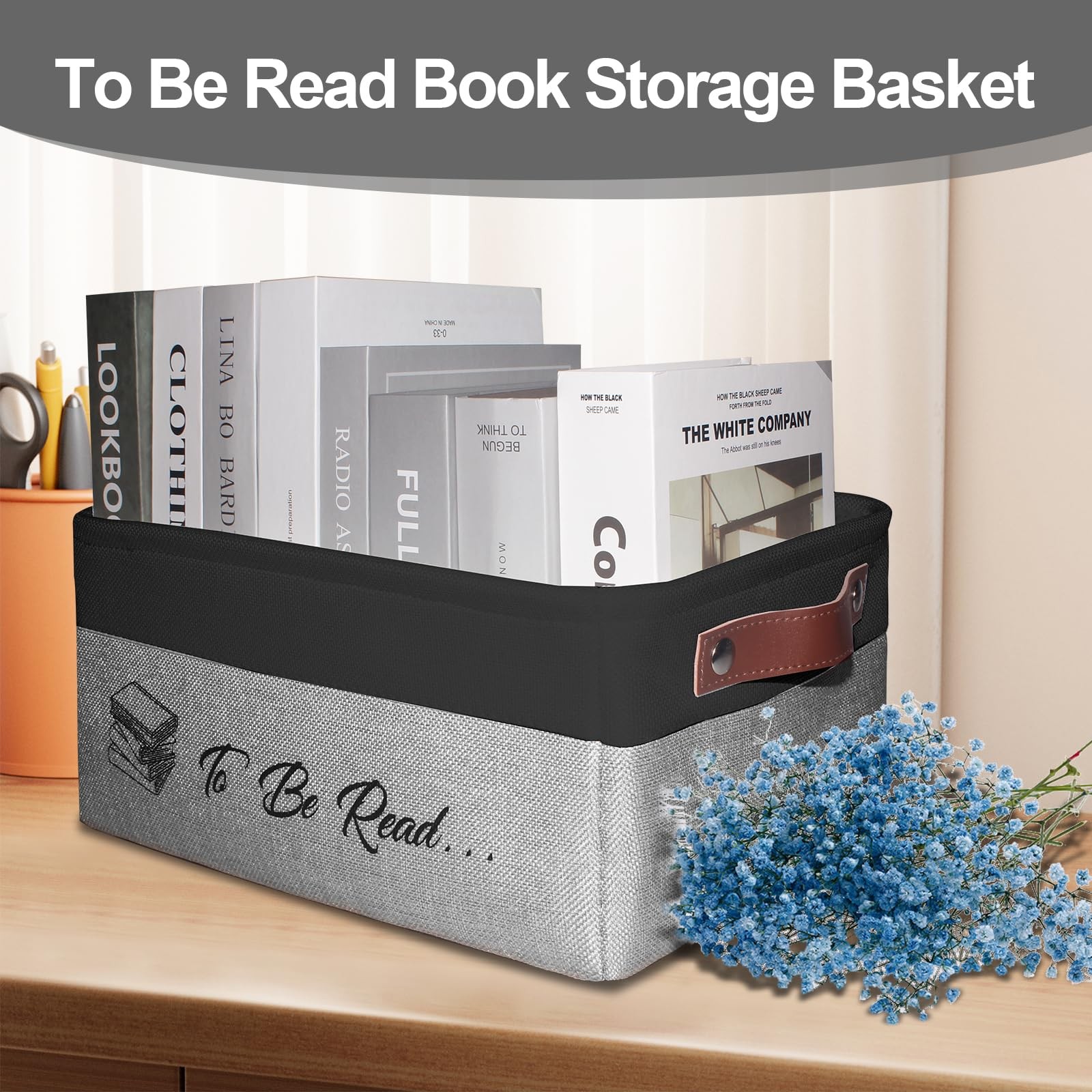 TBR Book Storage Basket Organizer Bin Leather Handles Reading Lover Gifts