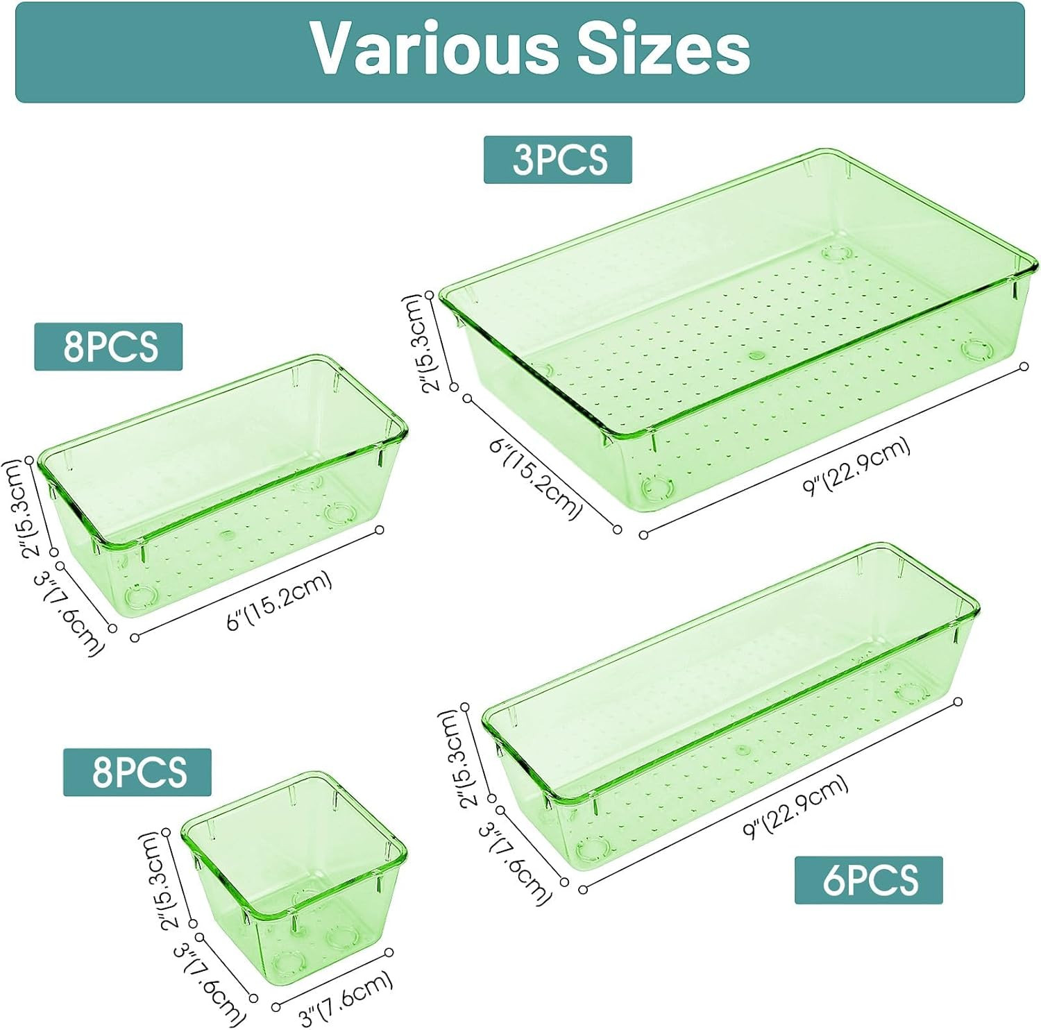 Plastic Drawer Organizer Set 25 Pcs Clear Green 4 Sizes Storage Bins
