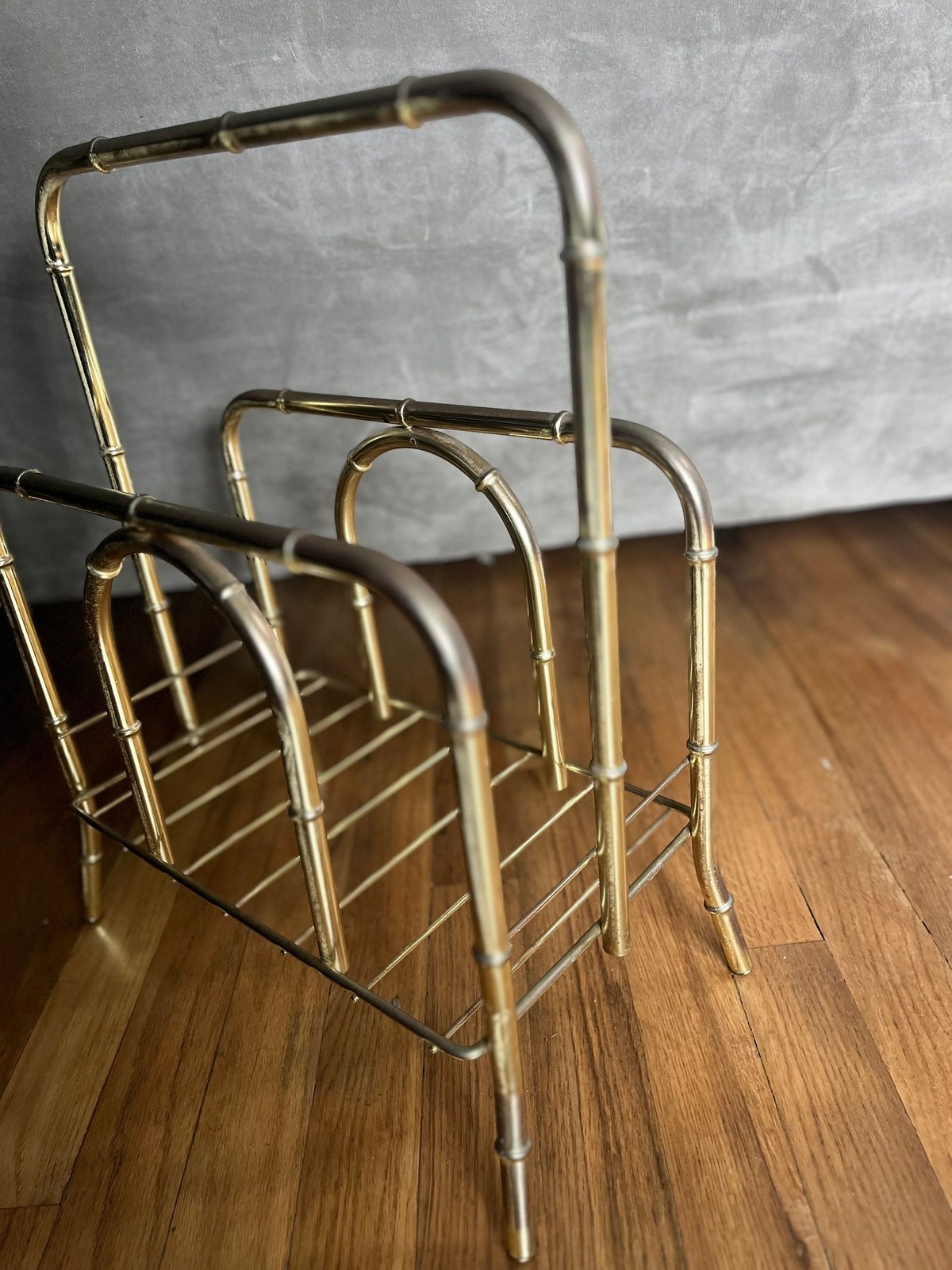 Vtg. Mcm Brass Tone Gold Metal Bamboo Magazine Holder Rack