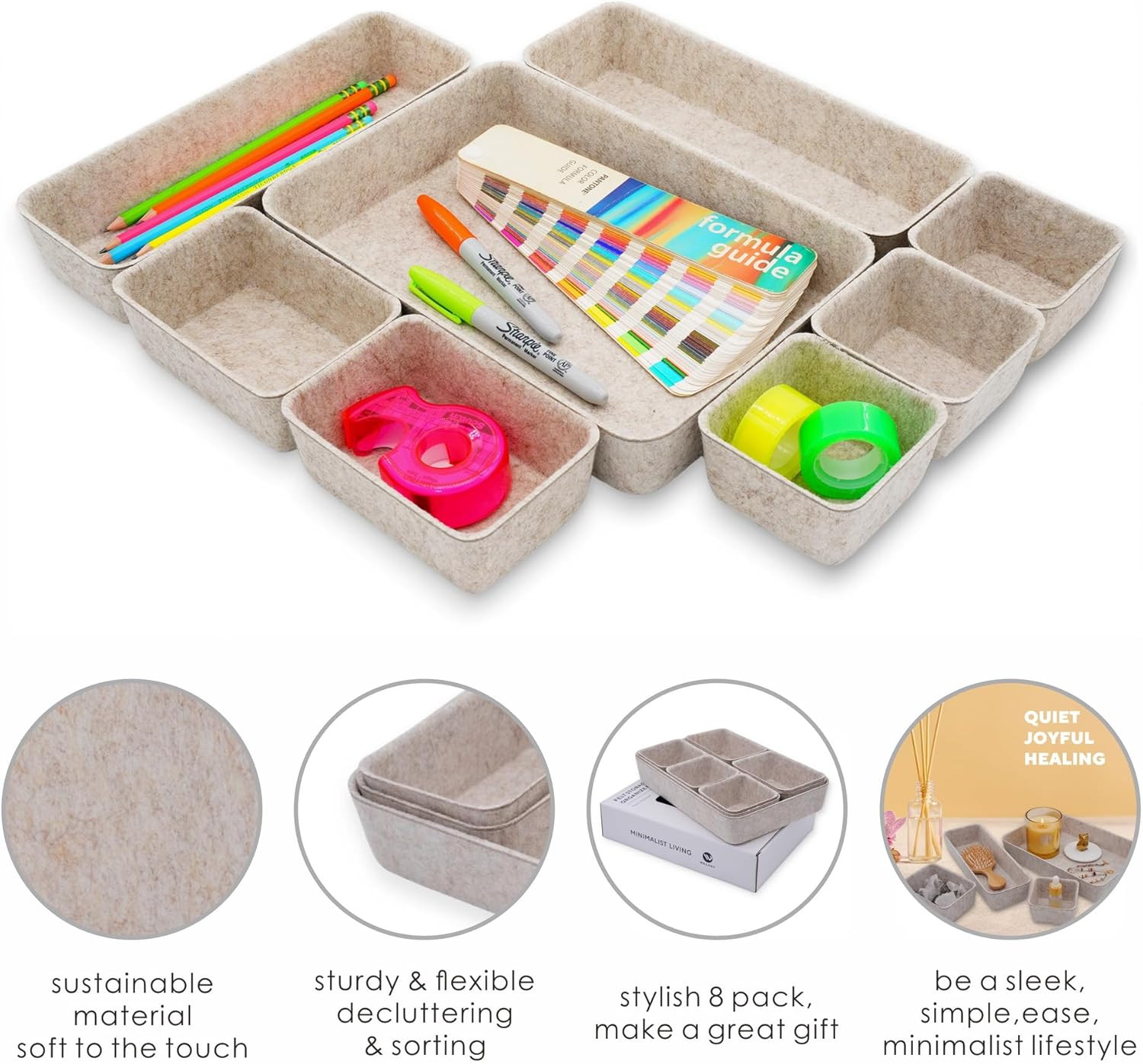 Desk Drawer Organizer Tray Set 8 Piece Beige Office Storage Oatmeal