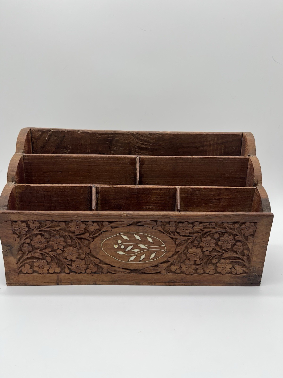 Vintage hand carved desk organizer with floral Detail And Inlay-Six Compartments