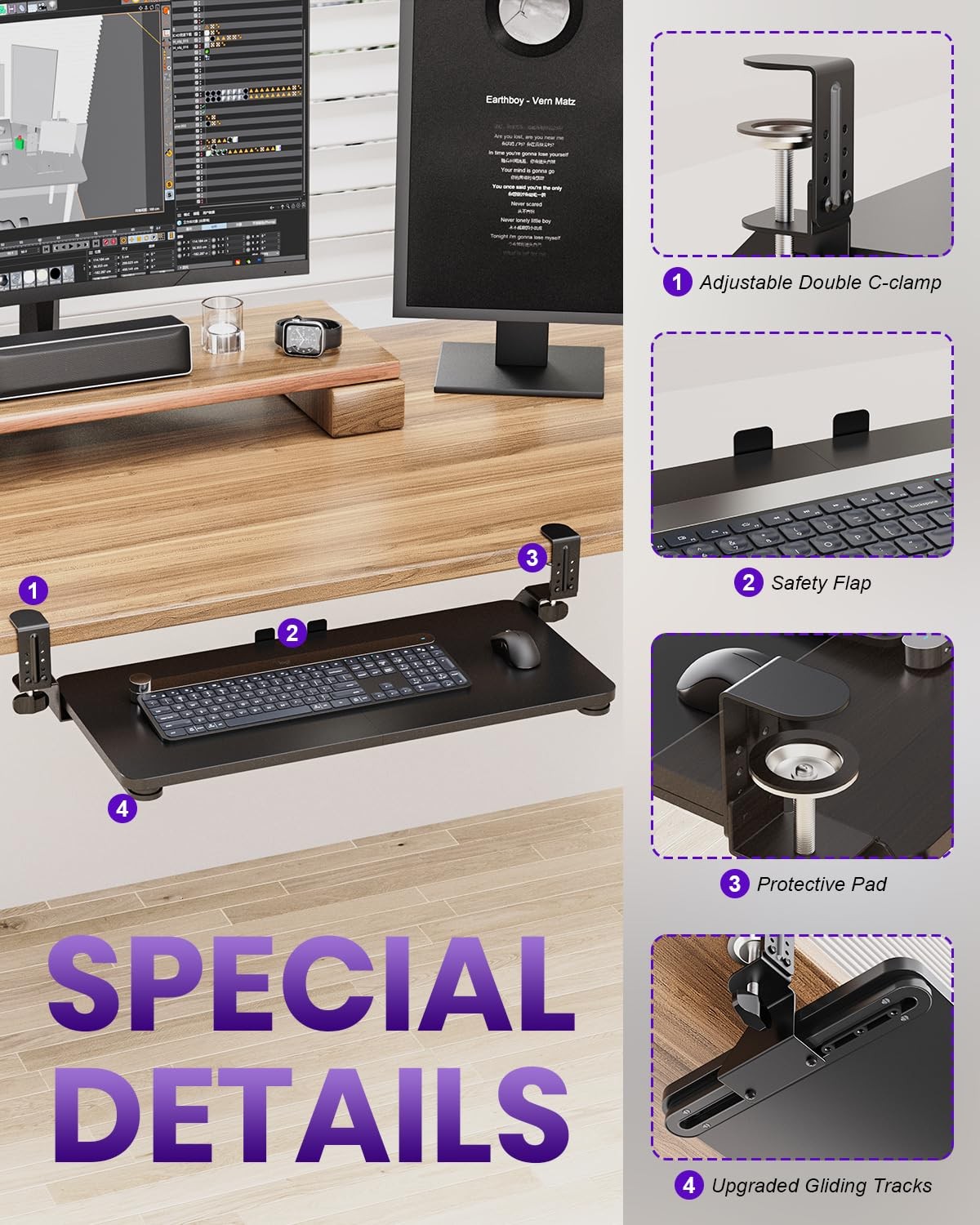 Zontera Ergonomic Keyboard Tray Under Desk, Pull Out with Large, Black
