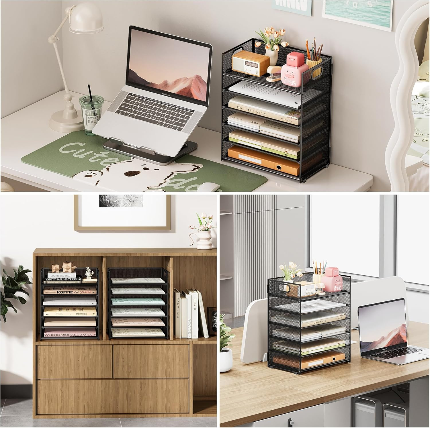 6 Tier Paper File Tray Organizer for Desk, Black Mesh Desk Letter Paper File Fol