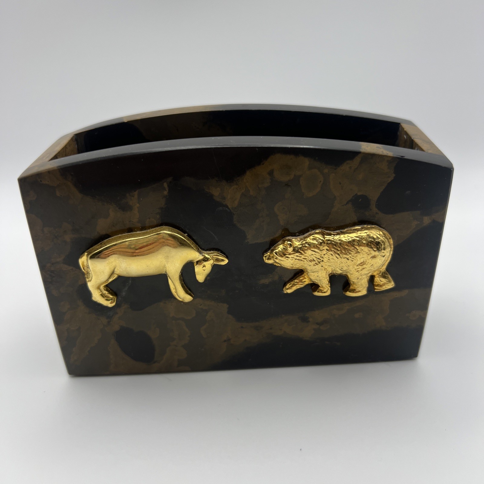 Bey-Berk Wall Street Golden Bull and Bear Tiger Eye Marble Pen Pencil Holder ￼