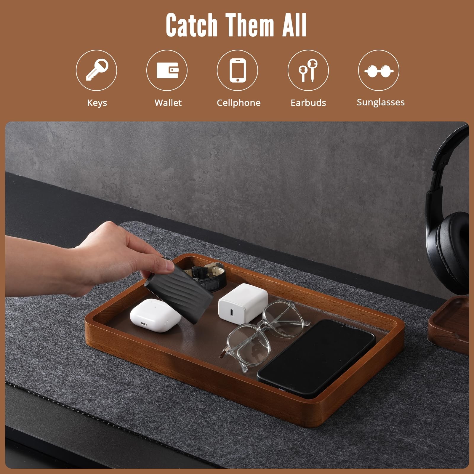 ProCase Wooden Valet Tray for Men, Wood Catch-All EDC Organizer, Dark Brown