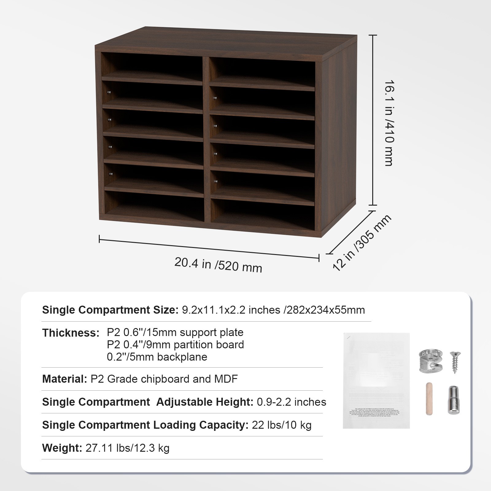Uimoso Wood Literature Organizer Adjustable File Sorter 12 Compartments Brown