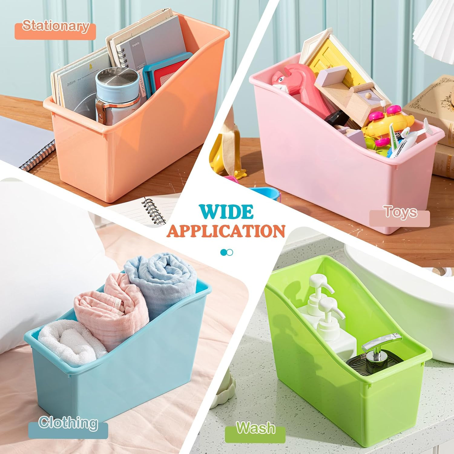 12 Pcs Book Bin for Classroom with Labels Stackable Plastic Organizing Bins 11.5