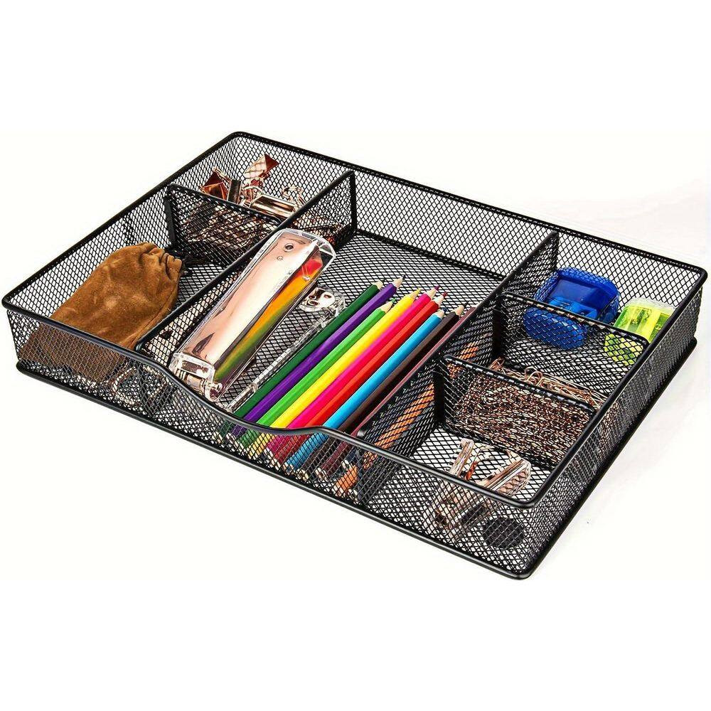 Black 12.87 In. X 8.73 In. Coated Metal Mesh Adjustable Desk Drawer Organizer Tr