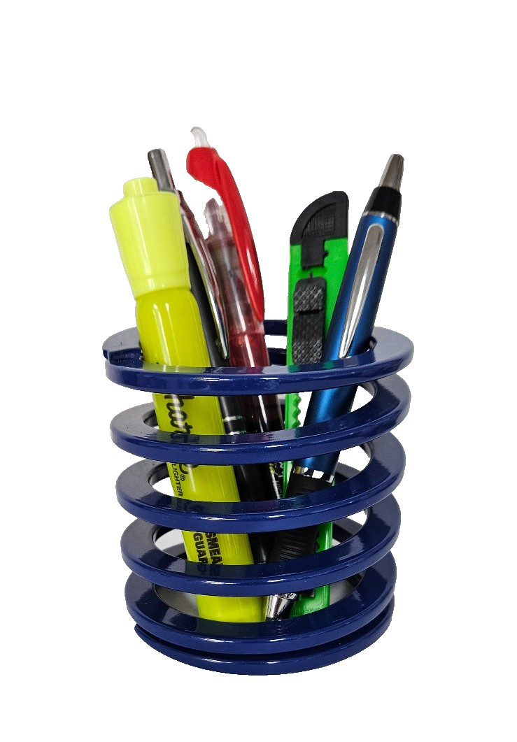 Desk Top Organizer Pen Holder – Automotive Spring – METAL – BLUE – 3″ Tall