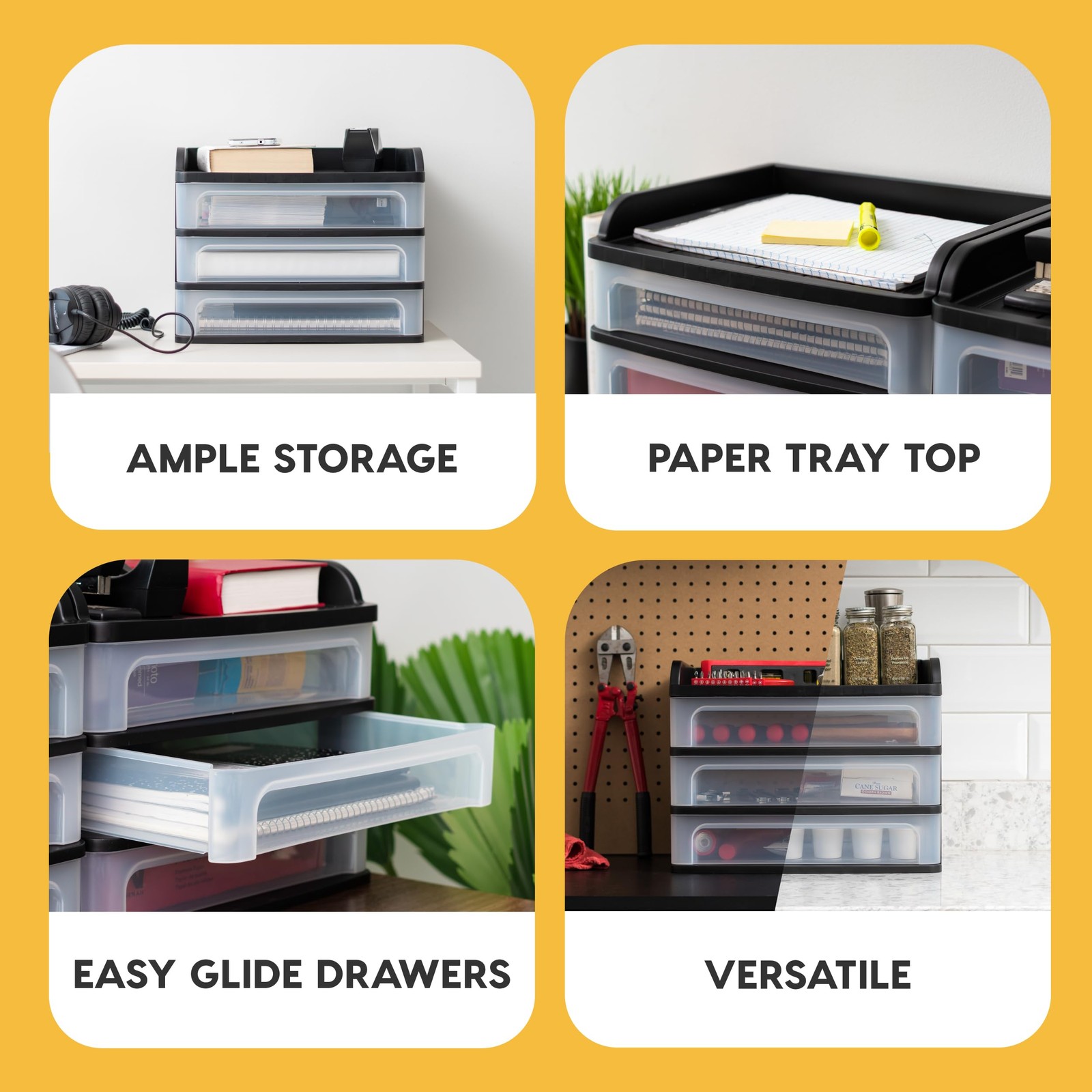 IRIS USA Plastic Desk Top 3-Drawer Storage Organizer with Paper Medium, Black