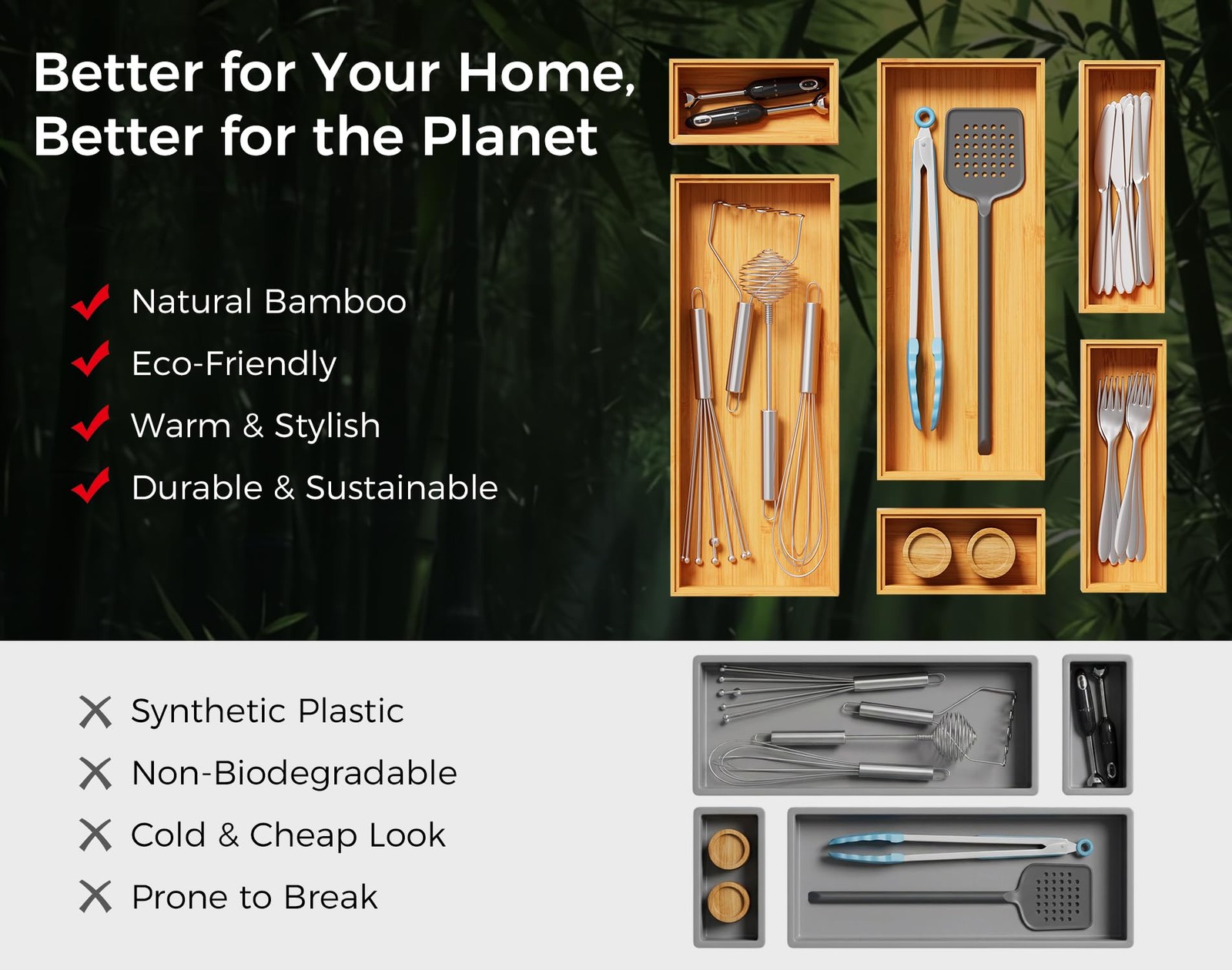 Bamboo Kitchen Drawer Organizer Set of 2, Stackable 15″ x 6″ x 2″,