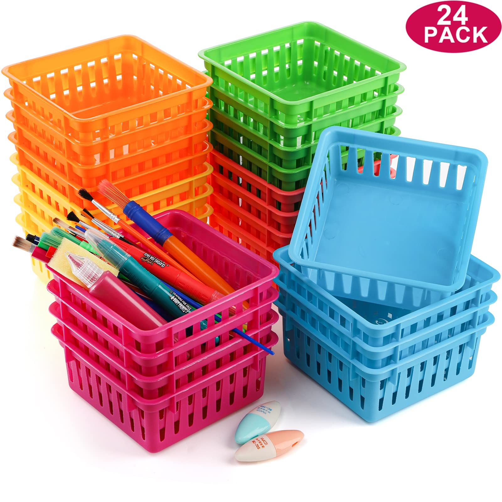 24 Pack Classroom Storage Baskets, Small Plastic Organizer Basket, Colorful S…