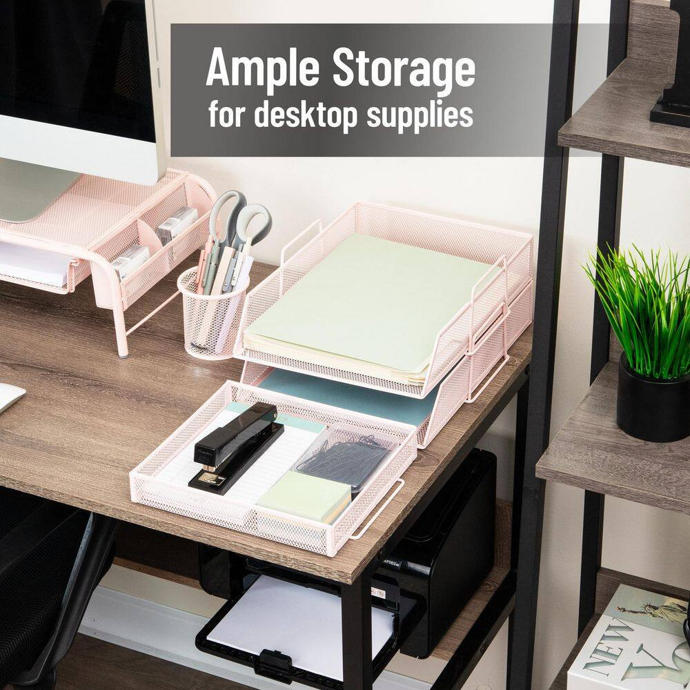 2 Tier Paper Tray with Top Supply Compartment, Desktop File Organizer, Metal Mes
