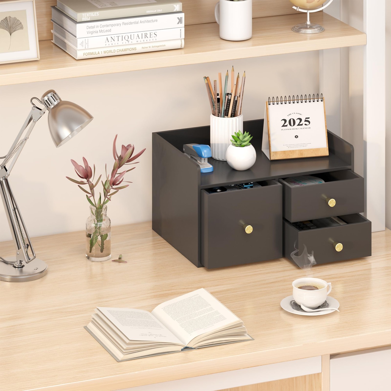 Bamboo Desk Organizer with Drawers Wooden Desktop Storage Organization Box fo…