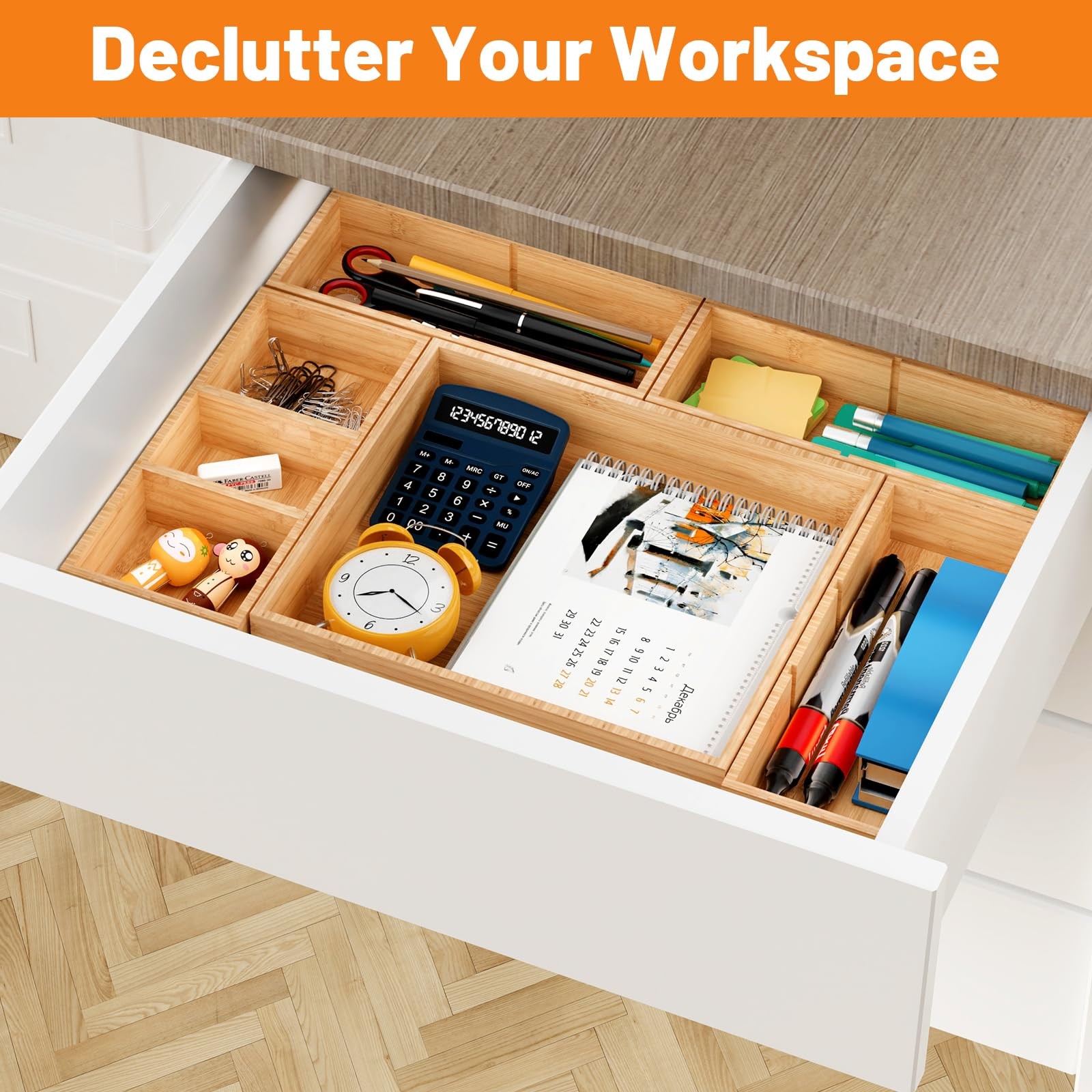 Bamboo Drawer Organizer Set, 10Piece, Stackable Divider for Kitchen & Office