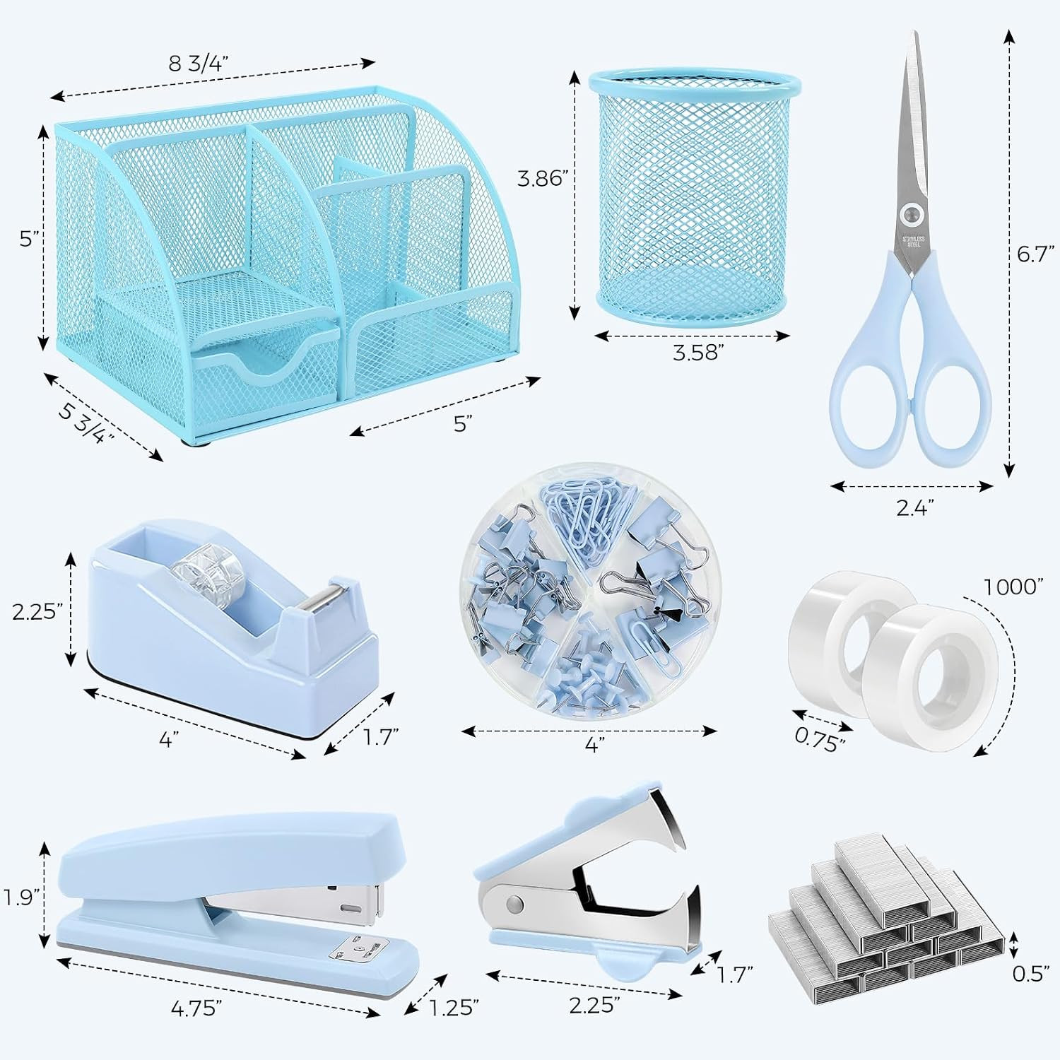 Blue Office Supplies Set, Office Desk Accessories, Mesh Desk Organizer, Stapler,