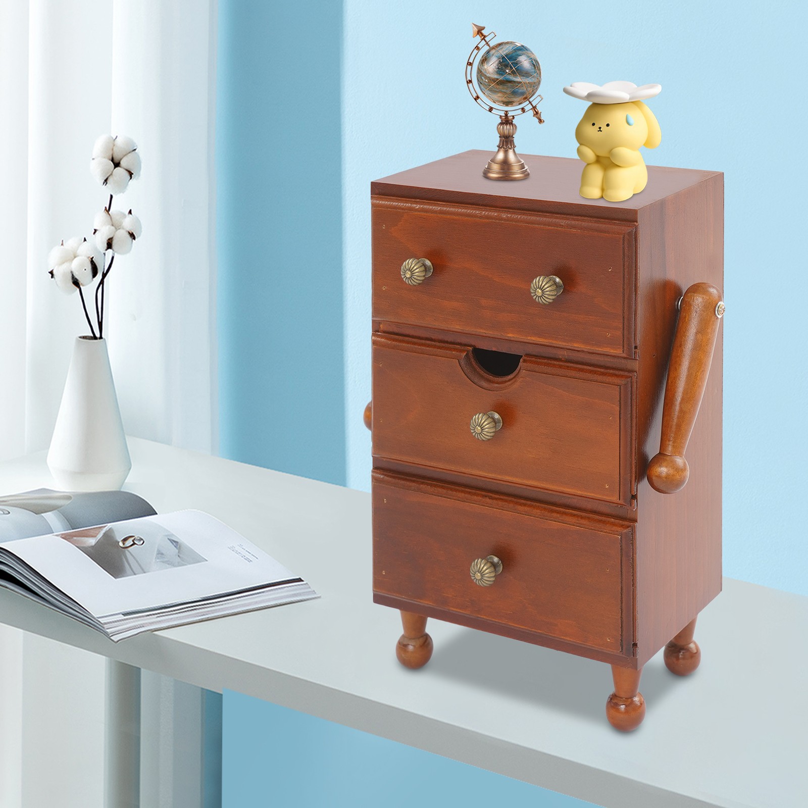 Premium Pine Wooden 3 Drawer Storage Cabinet Retro Brown Home & Office Decor