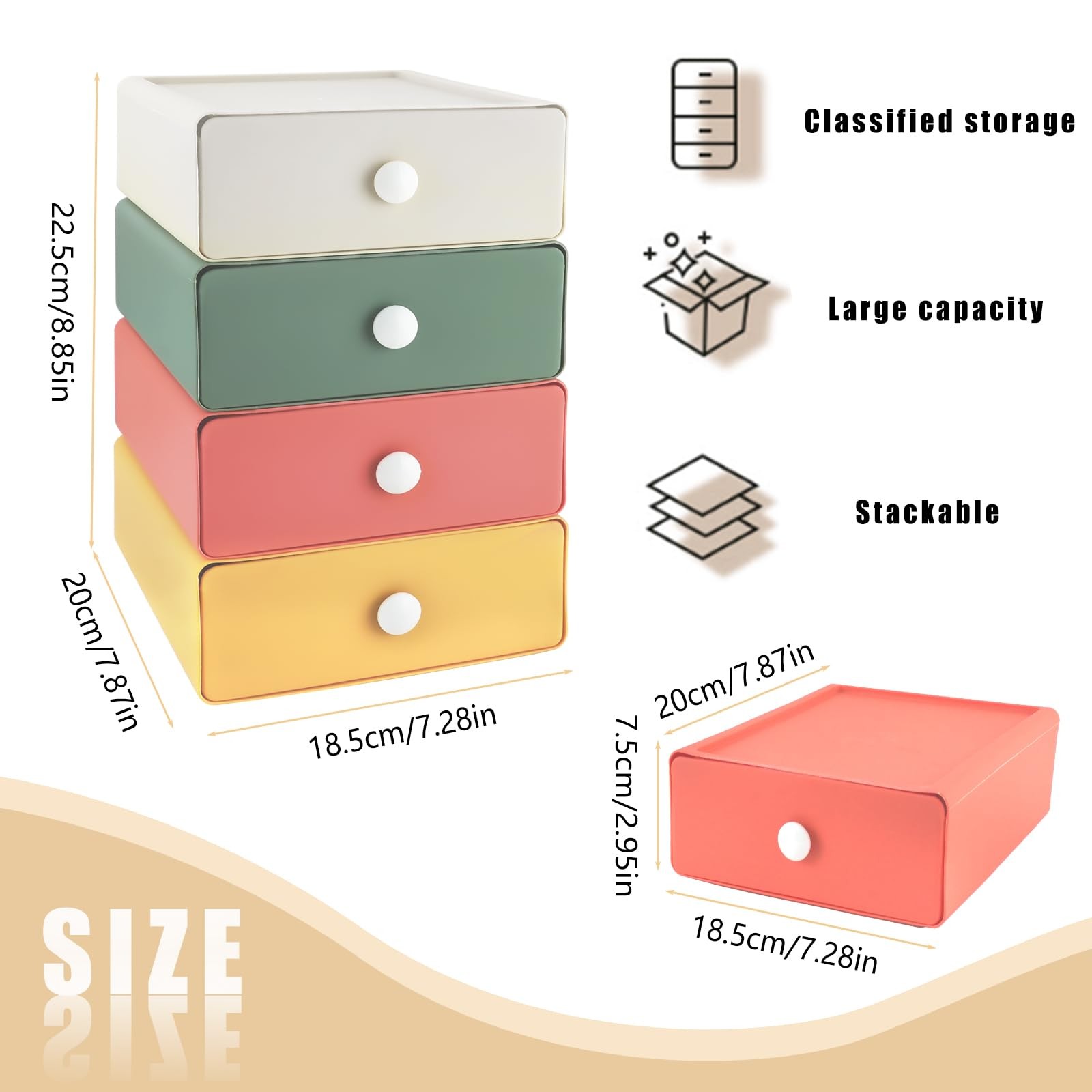 RETON 4 PCS Desktop Storage Drawers, 18.5cm x 20cm x 7.5cm, Multicolor