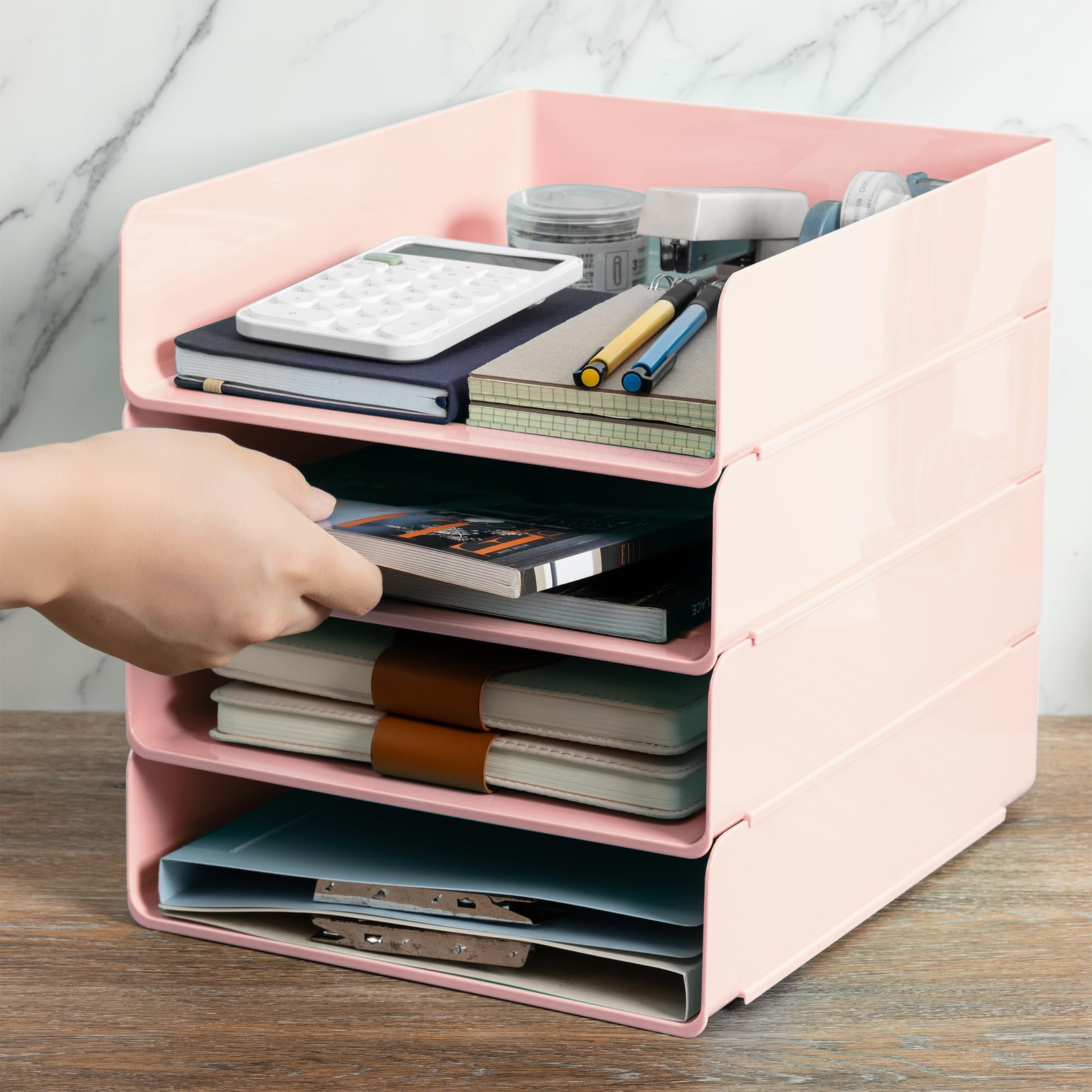 Tiawudi Desk Organizer, Office Organization and Storage, Plastic 4 Tier, Pink