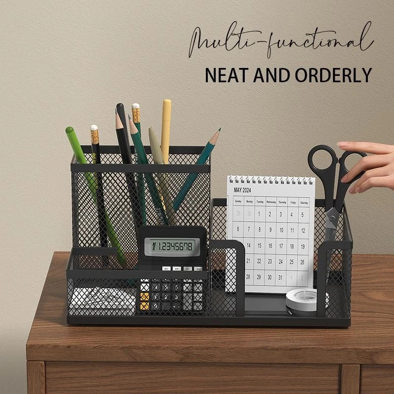 Black Mesh Desk Organizer 3 Compartments Pencil Holder Storage Baskets