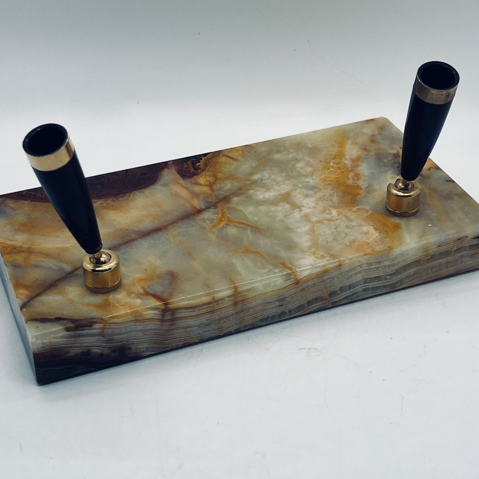 Onyx Double Pen Holder Stand Holder Brass Accents Office Desk Accessory