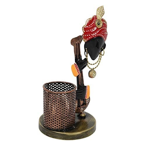 Multicolor Krishna Metal Pen Stand Holder Office Table Stylish Showpiece