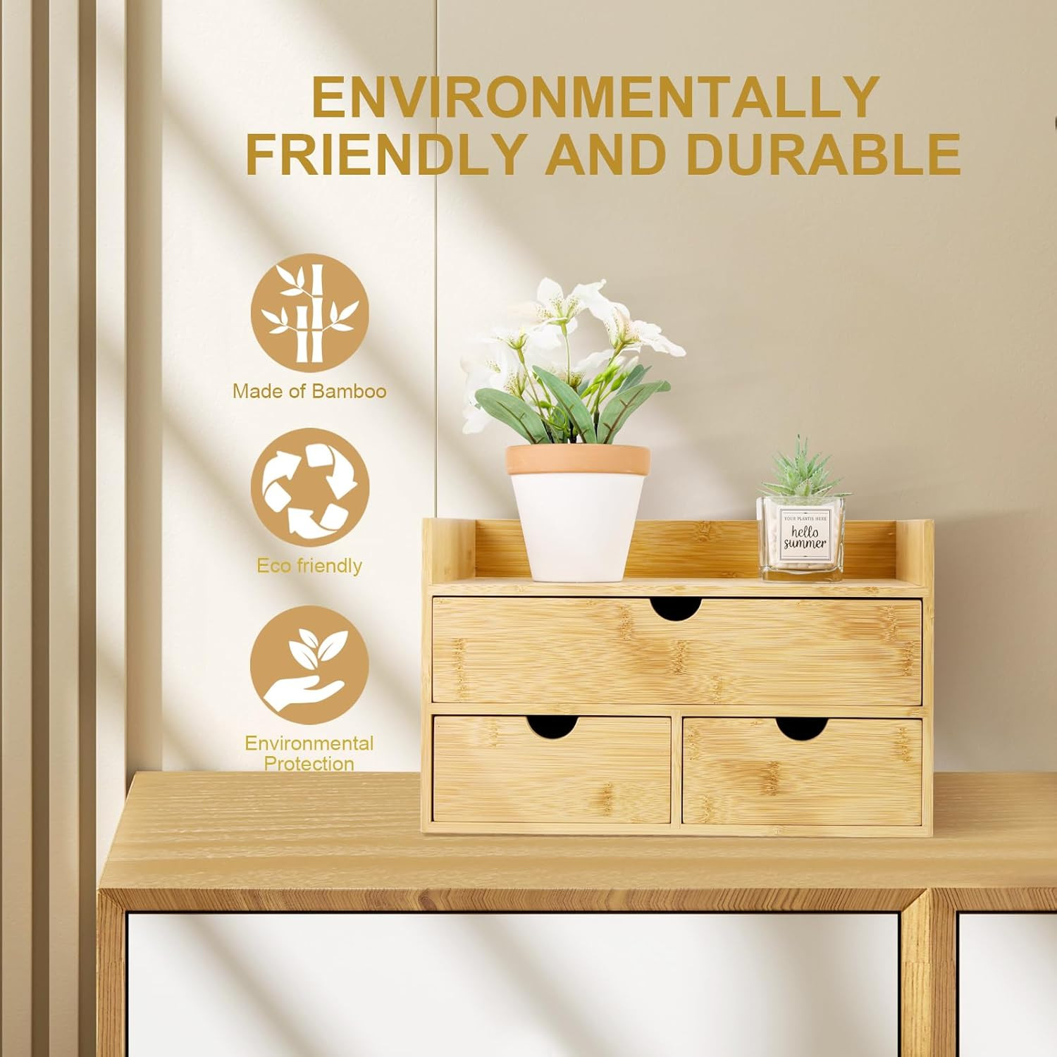 Bamboo Desk Organizer with Drawers Countertop Drawers Counter Storage Box Corner