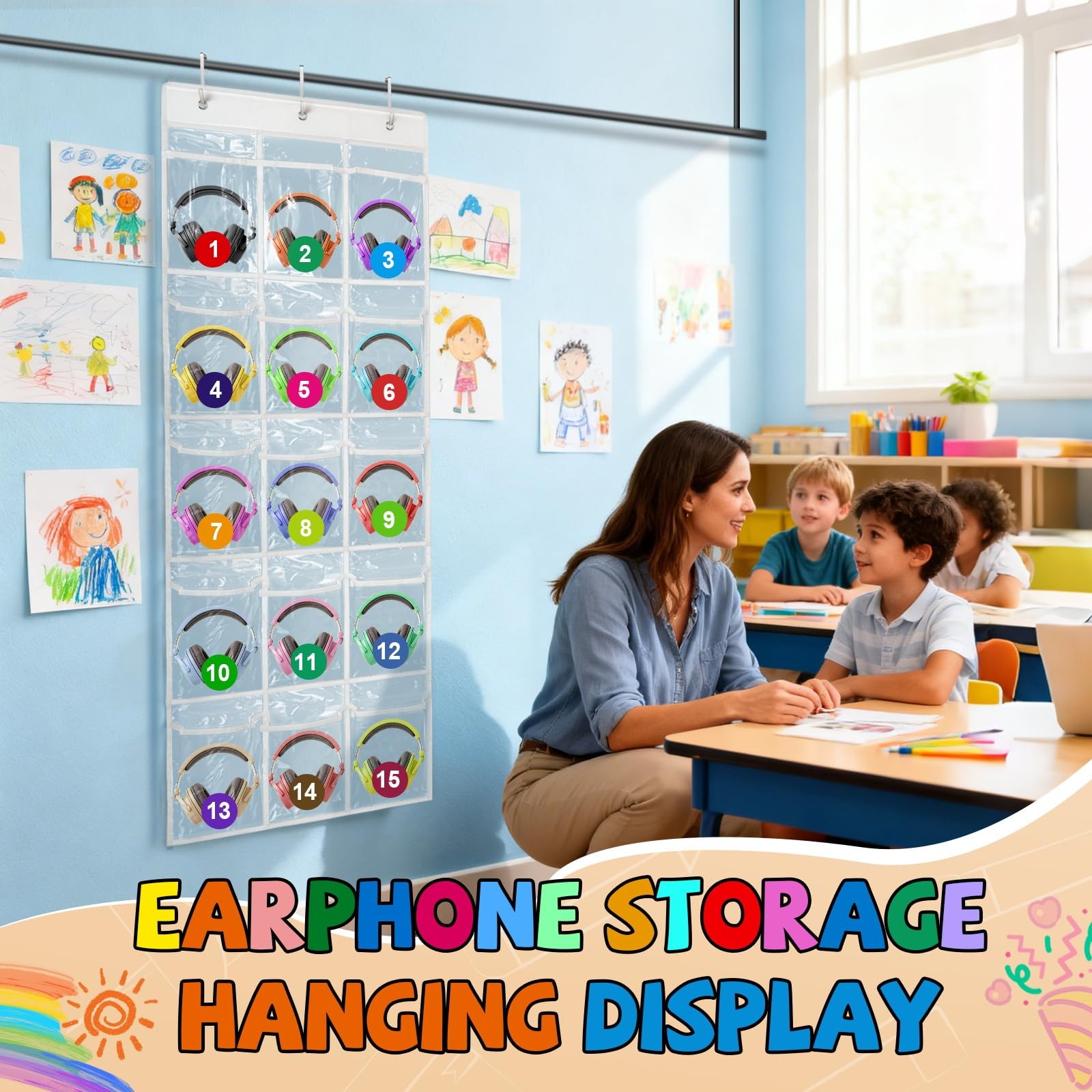 Headphone Storage Classroom Headphone Organizer 15 Pockets PVC Clear Organize…