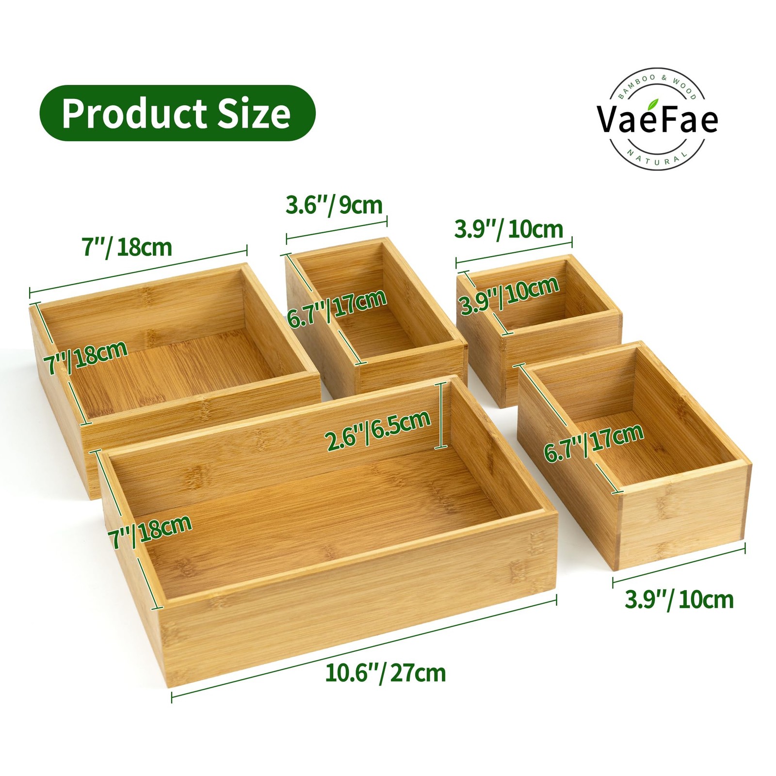 VaeFae 5 PCS Bamboo Drawer Organizers Set, 5-size Organizer Box, Natural