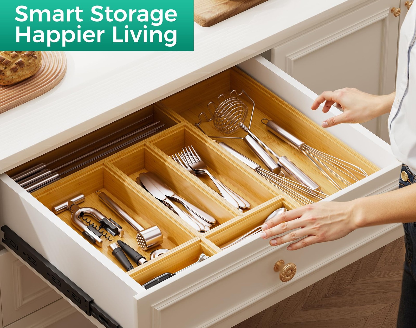 Bamboo Kitchen Drawer Organizer Set of 2, Stackable 15″ x 6″ x 2″,