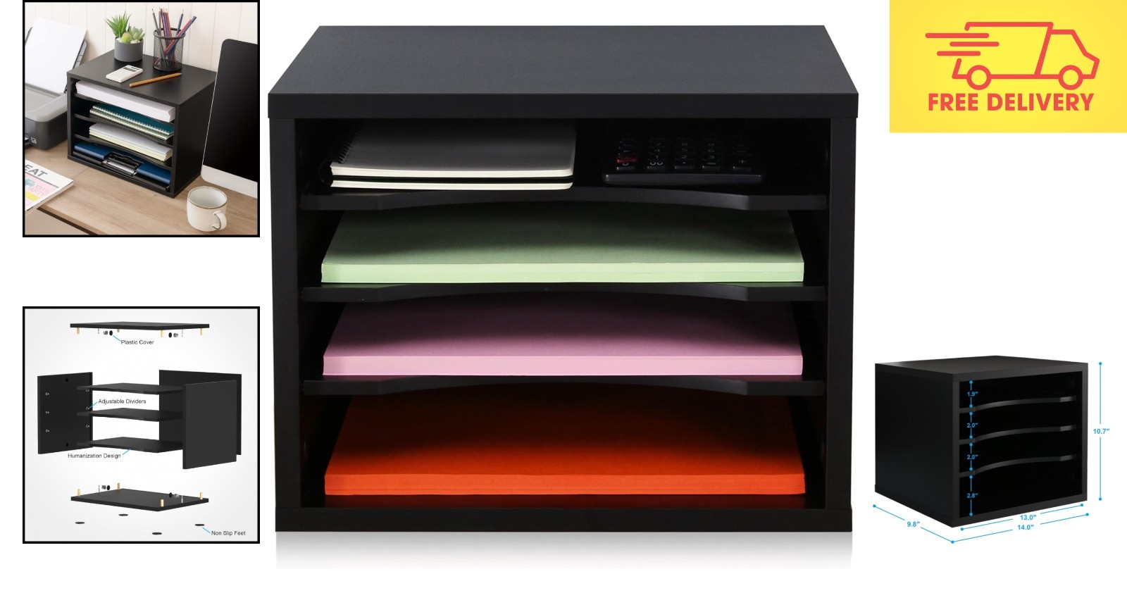 Multi-Functional Wood Paper Organizer – Ergonomic 4-Tier Design for Easy Access