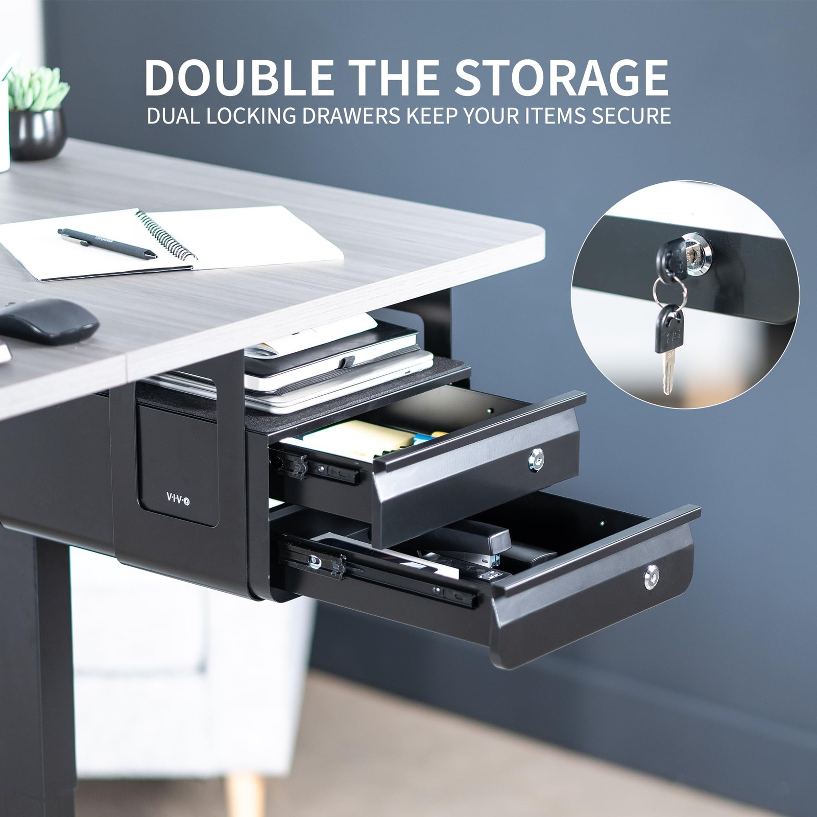 13 inch Under Desk Double Stacked Slide Out Drawers with Lock, Secure Home Of…